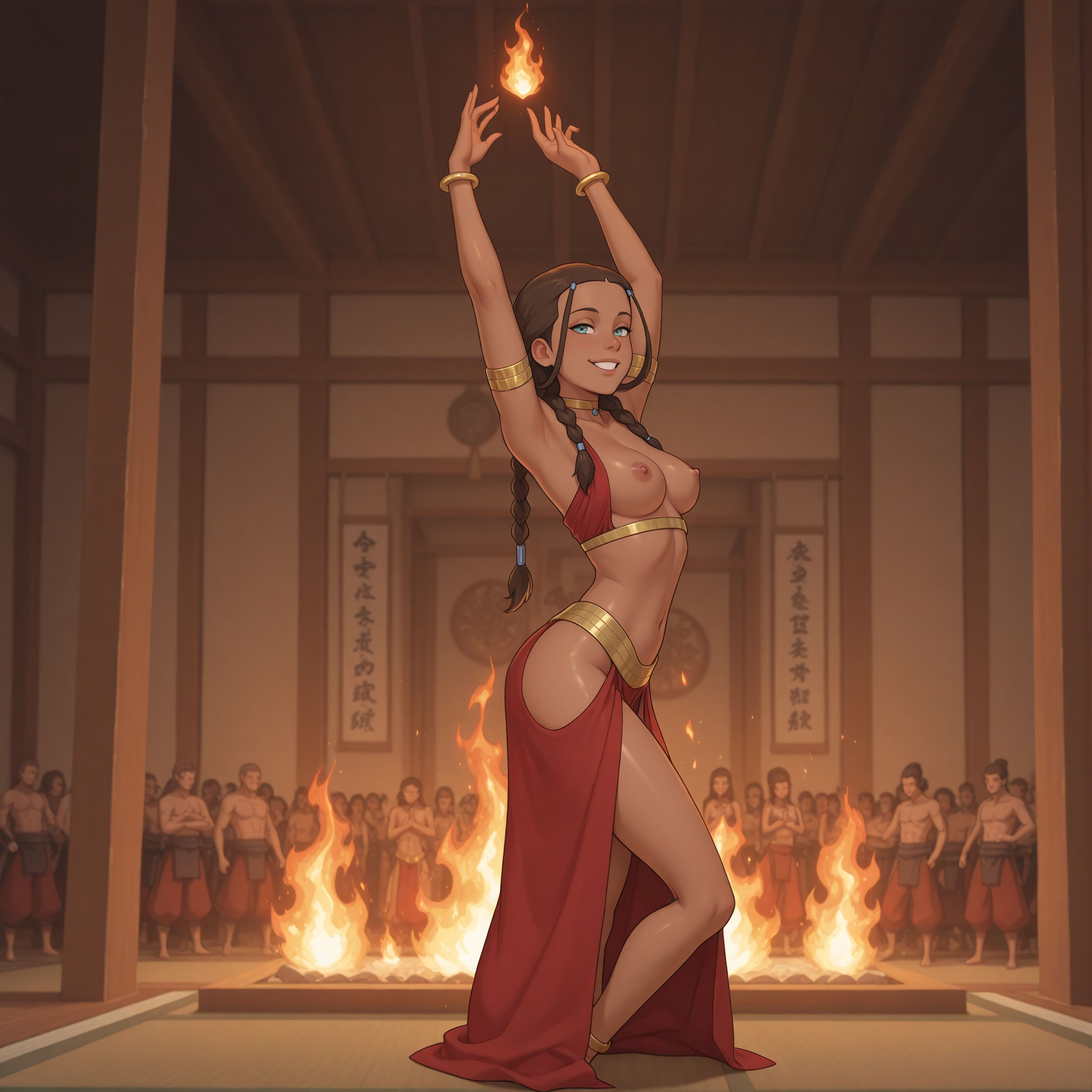 ai generated, avatar the last airbender, braided ponytail, breasts, breasts out, brown-skinned female, crowd, crowd watching, dancing, dark nipples, dark skin, dark-skinned female, female, female focus, female only, fire, hair loopies, harem, harem outfit, katara, loincloth, medium breasts, pelvic curtain, puffyart, slave girl, solo, solo female, solo focus, tied hair