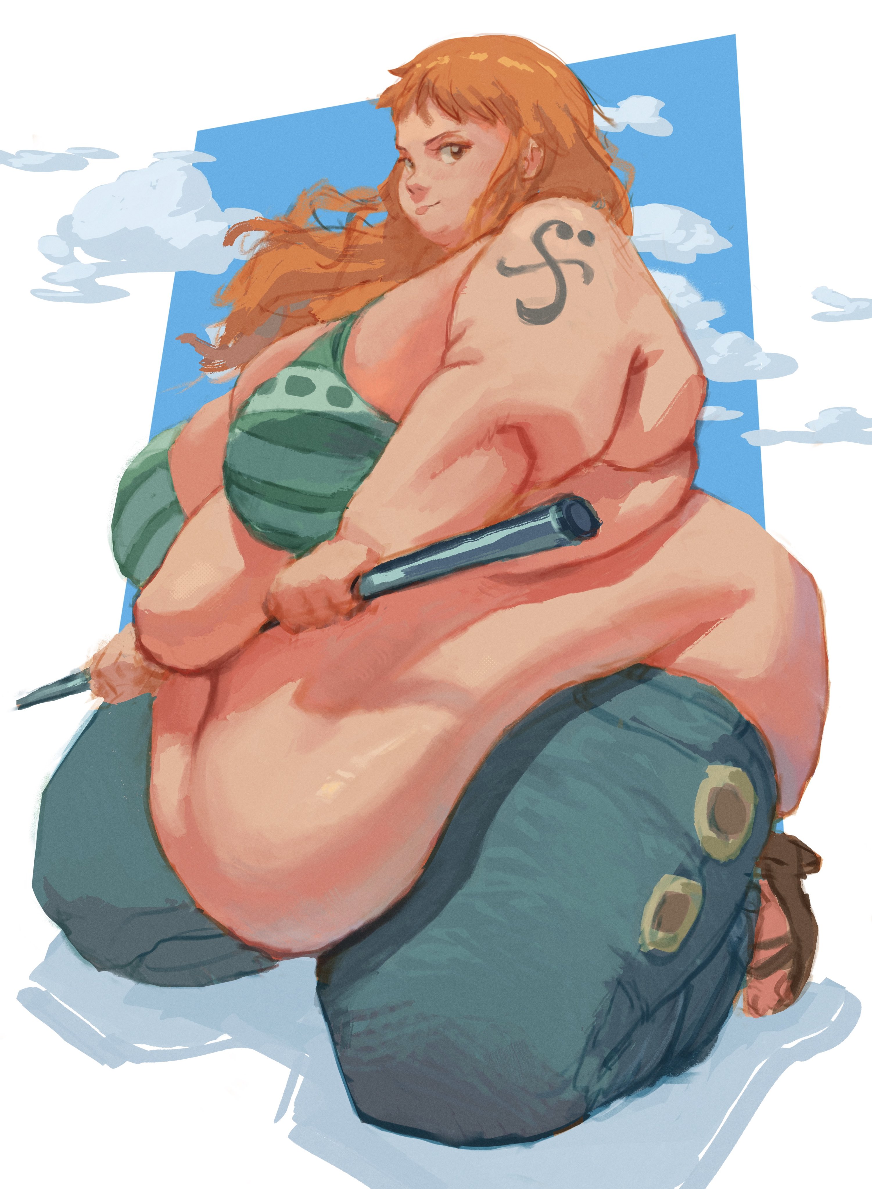 1girls, 2023, absurd res, absurd resolution, absurdres, alternate ass size, alternate body type, alternate breast size, anime, arm tattoo, ass, bangs, bare arms, bare belly, bare midriff, bbw, belly, belly folds, belly overhang, belly rolls, big ass, big belly, big breasts, big thighs, blue jeans, blue pants, blush, blush lines, blushing, bo staff, bra, breasts, breasts on belly, brown eyes, brown sandals, brown-eyed female, chubby cheeks, cleavage, cleavage overflow, closed mouth, closed mouth smile, clothed, clothed female, cloud, cloudy sky, color, colored, deep navel, deep skin, denim jeans, digital media (artwork), double chin, exposed ass, fat, fat arms, fat ass, fat belly, fat breasts, fat face, fat female, fat folds, fat legs, fat thighs, female, female only, full body, gigantic ass, gigantic belly, green bra, gripping, heels, hi res, high resolution, highres, holding object, holding staff, holding weapon, huge ass, huge belly, huge breasts, huge thighs, ineffective clothing, kneeling, kneeling on ground, lifting, lifting belly, light skin, light-skinned female, long hair, looking at viewer, love handles, morbidly obese, morbidly obese female, muffin top, nami (one piece), navel, no panties, nose blush, obese, obese female, one piece, orange hair, orange-haired female, outgrowing clothes, overflowing breasts, overweight, overweight female, pants, partially clothed, partially clothed female, posing, post-timeskip, sandal heels, sandals, shaded, shonen jump, side view, sideass, simple background, sizemologist, slight blush, smile, smiling, ssbbw, tattoo, thick, thick ass, thick thighs, three-quarter view, thunder thighs, toonami, undersized clothes, wavy hair, weapon, white border, wide hipped female, wide hips, wide thighs