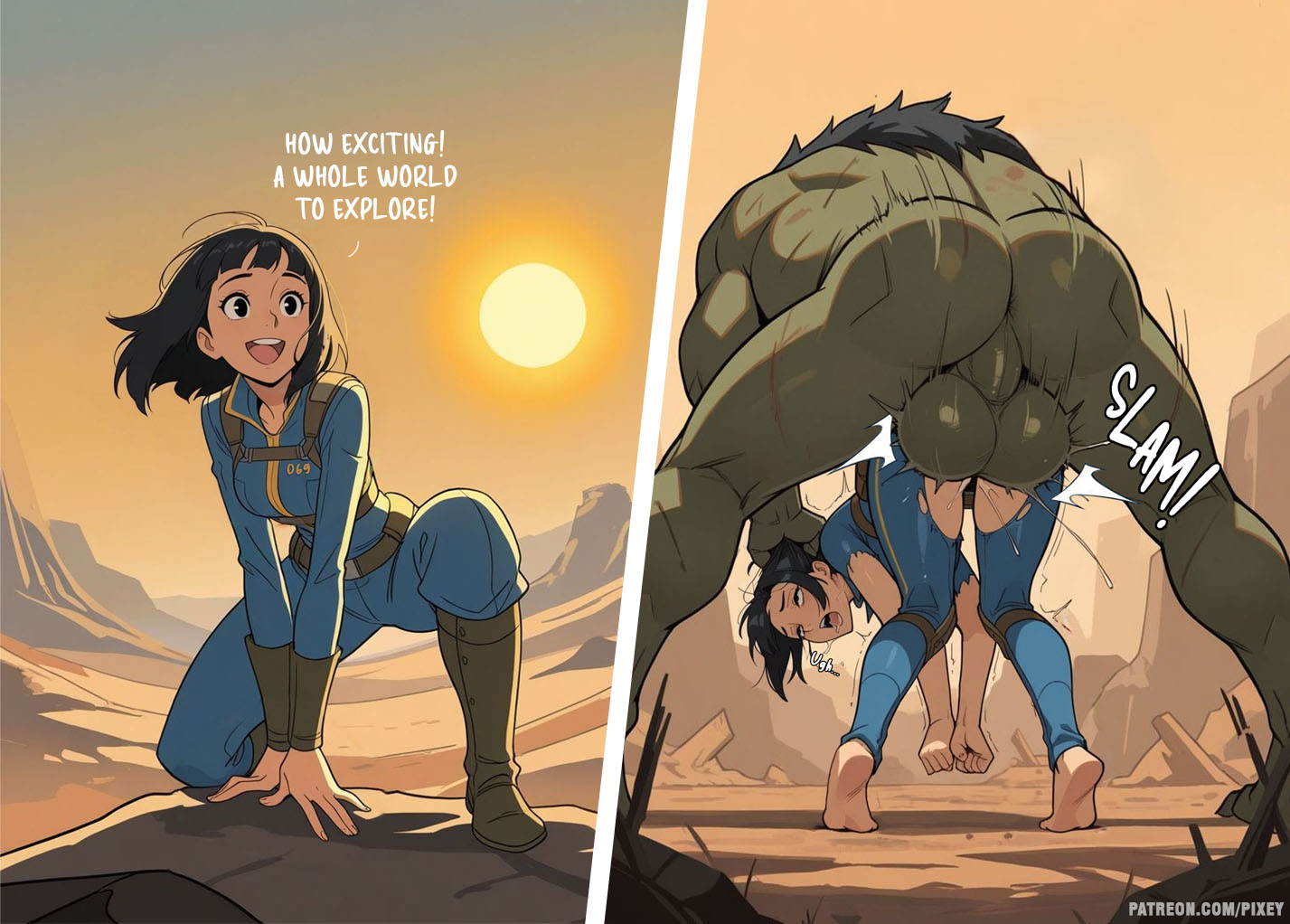 1boy, 1girls, ai generated, artist name, ass, balls, beast, before and during, bethesda game studios, bethesda softworks, big balls, bigger male, black eyes, black hair, claws, clothed female nude male, day, desert, doggy style, english text, fallout, fallout (series), female, forced, forced sex, from behind, giant, green skin, green-skinned male, hair, hair grab, heavy balls, human, human female, instant loss, instant loss 2koma, interspecies, large balls, large testicles, larger male, male, medium hair, monster, monster on female, monster rape, nonhuman male on human female, nude male clothed female, outdoors, patreon, pixey, raped by monster, sex, size difference, smaller female, sound effects, standing sex, straight, suit, sun, testicles, text, torn clothes, unexpected, vault suit, wasteland