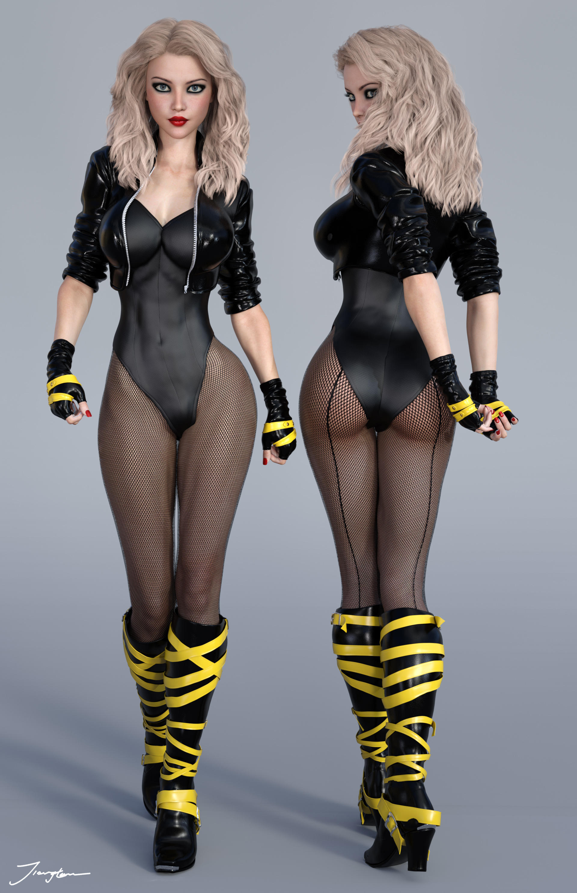 3d, ass, back view, big breasts, black canary, black gloves, black heels, black high heels, black jacket, black leotard, blonde hair, blue eyes, boots, breasts, busty, curvaceous, curvy, dc, dc comics, dinah lance, eyeshadow, female, fingerless gloves, fishnet, fishnet legwear, fishnet stockings, fishnets, from behind, front view, gloves, green arrow (series), heels, high heel boots, high heels, jacket, large breasts, leather boots, leather gloves, leotard, light smile, lipstick, long hair, makeup, mascara, nail polish, pantyhose, red lips, red lipstick, red nail polish, red nails, signature, stockings, tiangtam, voluptuous