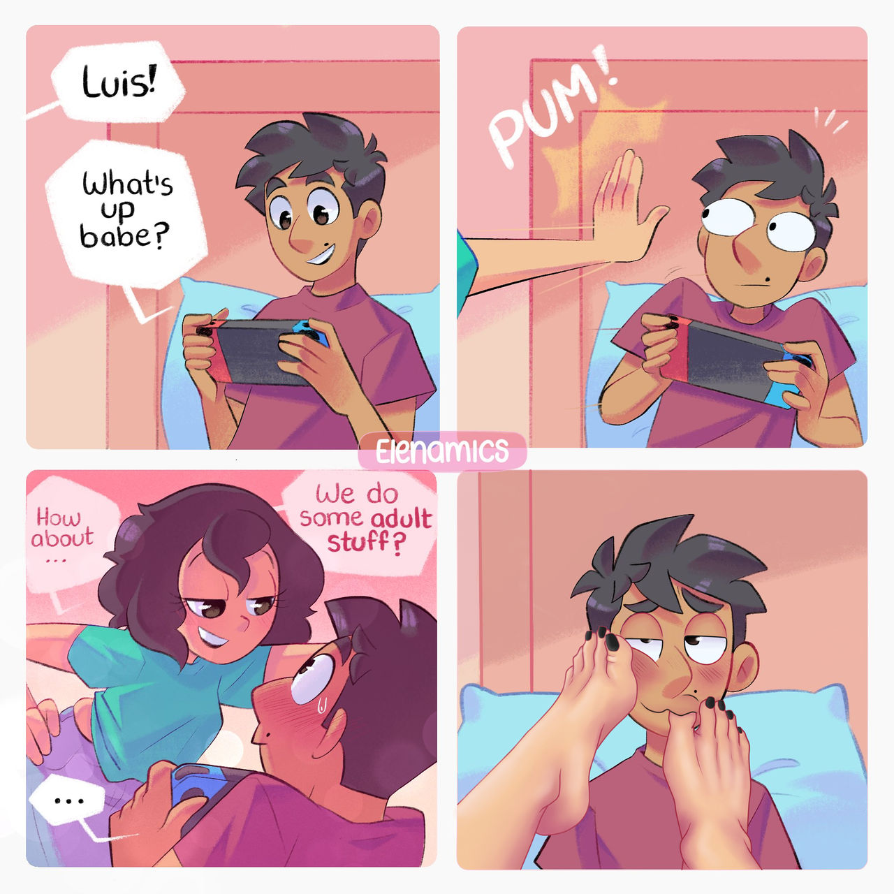 1boy, 1girls, absurdres, barefoot, beauty mark, black toenail polish, blush, canon couple, comic, dialogue, dialogue bubble, dominant female, edit, elena (elenamics), elenamics, feet, feet on face, female, foot fetish, foot fetish validation, foot focus, foot lick, foot on face, foot play, foot suck, foot worship, funny, happy sub, highres, latina, latino, licking feet, licking foot, loving couple, loving it, luis (elenamics), male, mexican female, mexican male, nintendo switch, relationship goals, romantic couple, sketch, smelly feet, submissive male, surprised expression, sweaty feet, tailorjp, toe suck, toe sucking, toes, wholesome
