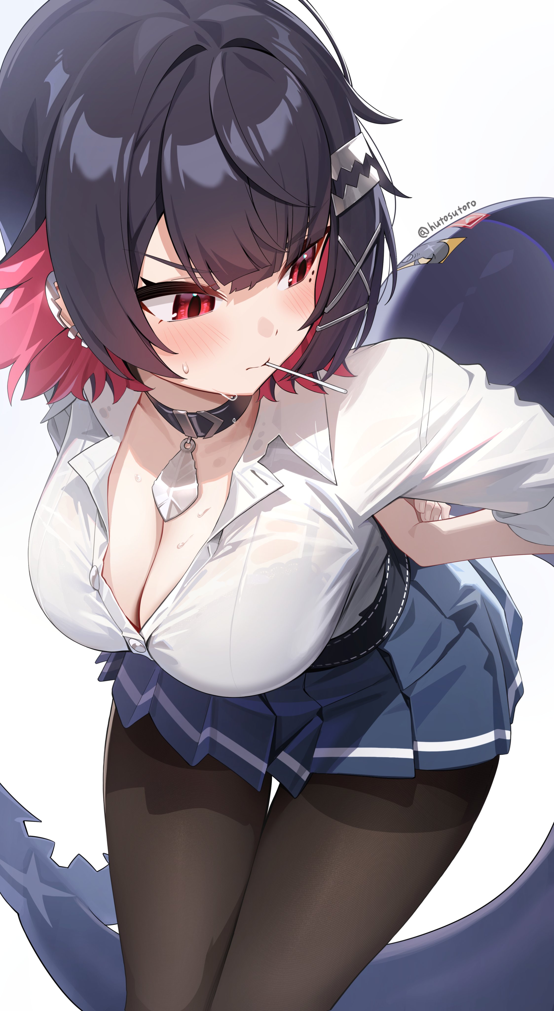 1girls, absurdres, big breasts, black pantyhose, blue skirt, breasts, colored inner hair, ellen joe, ellen joe (on campus), female, fins, fish tail, highres, hutosutoro, mole, mole under eye, multicolored hair, pantyhose, pleated skirt, scar, scar on tail, shark girl, shark tail, skirt, solo, tail, zenless zone zero
