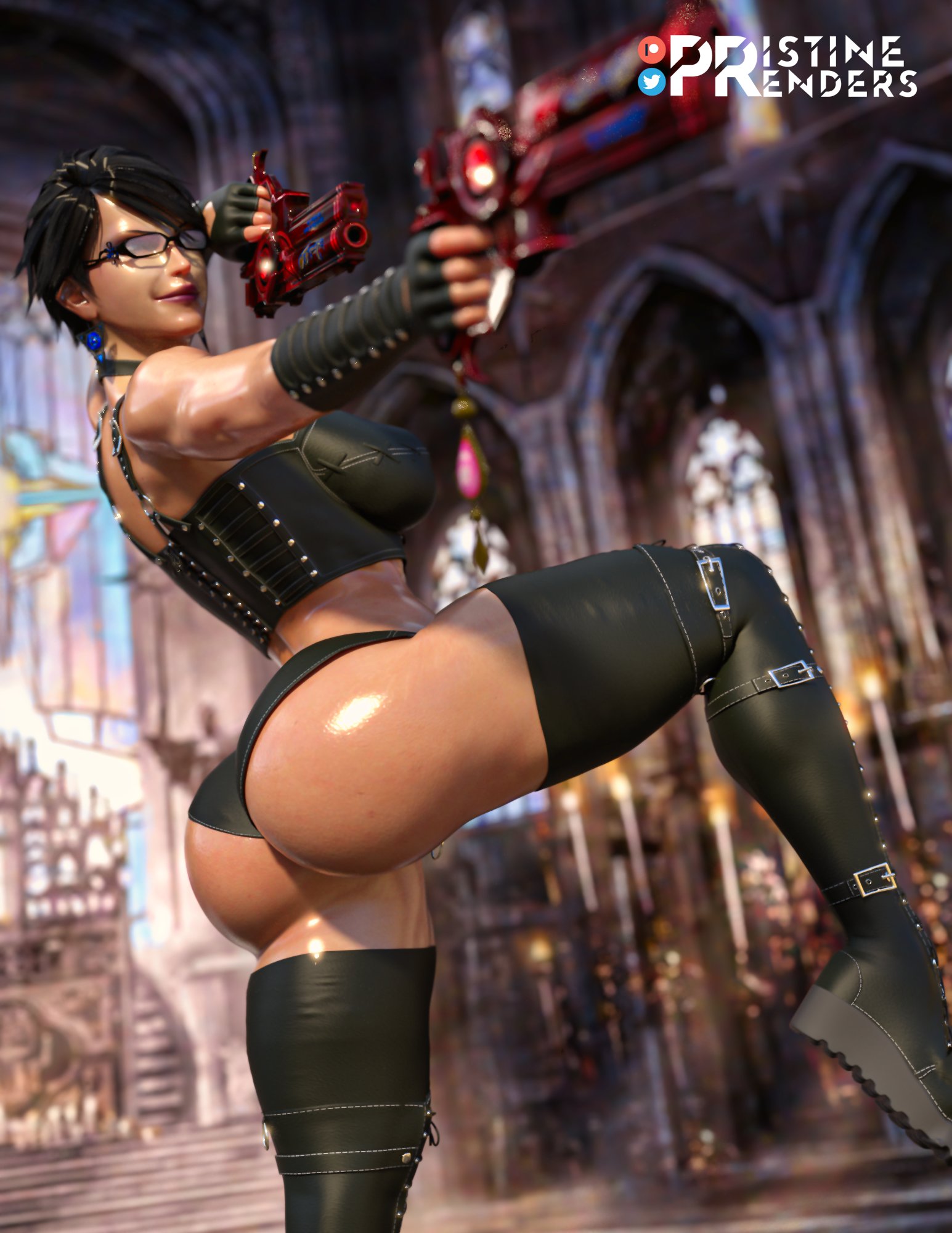 1girls, 3d, ass, bayonetta, bayonetta (character), bayonetta 2, big ass, big breasts, black hair, breasts, female, female only, firearm, glasses, gun, lingerie, outdoors, panties, pistol, pose, posing, pristinerenders, short hair, skimpy, skimpy clothes, solo, thick thighs, thighhighs, underwear, weapon, wide hips