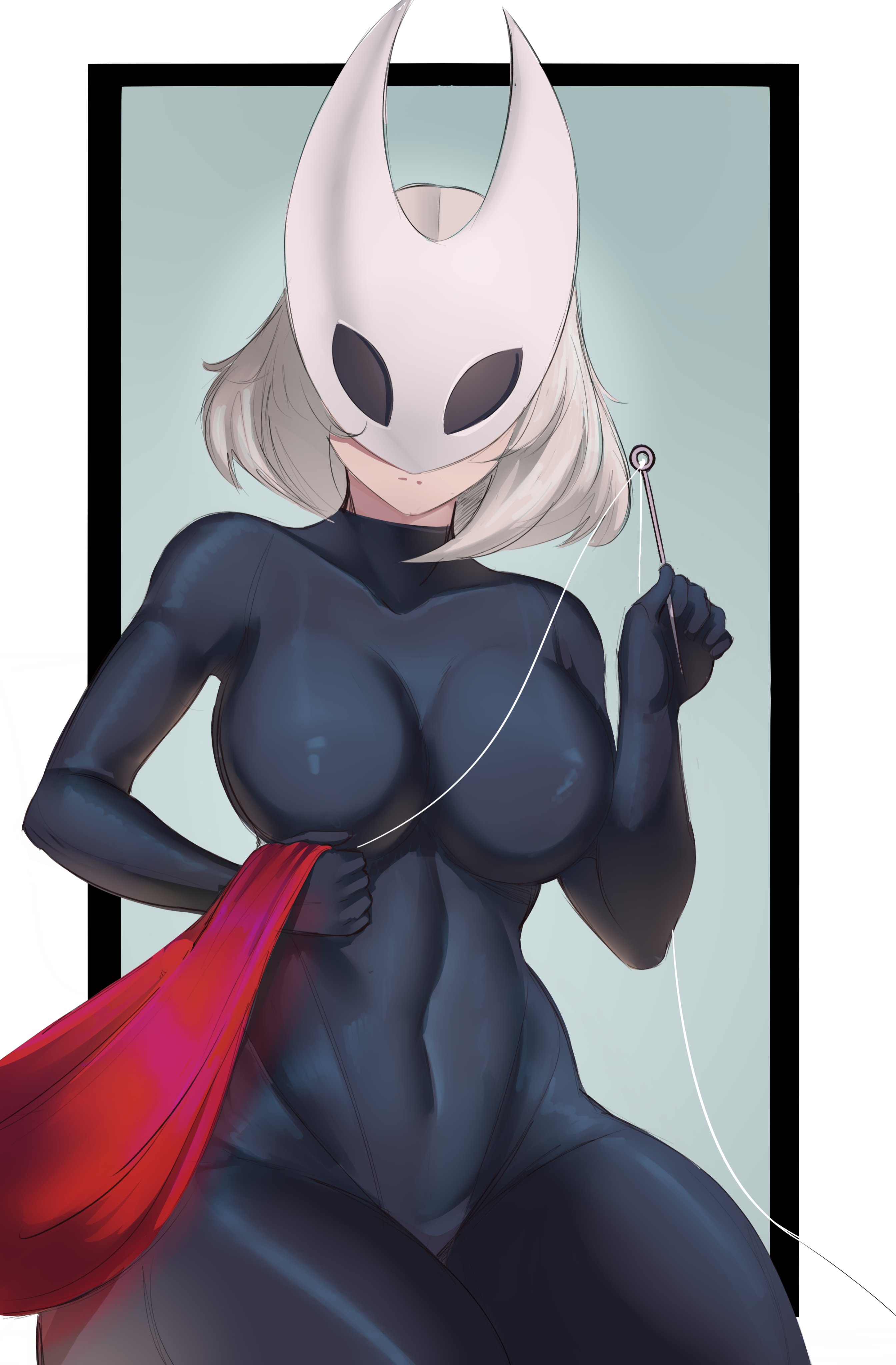 1girls, bodysuit, breasts, cape, female, female focus, female only, ferdinandus, hollow knight, hollow knight: silksong, hornet (hollow knight), hornet (hollow knight) (cosplay), large breasts, light skin, light-skinned female, solo, thick thighs, thighs, wide hips