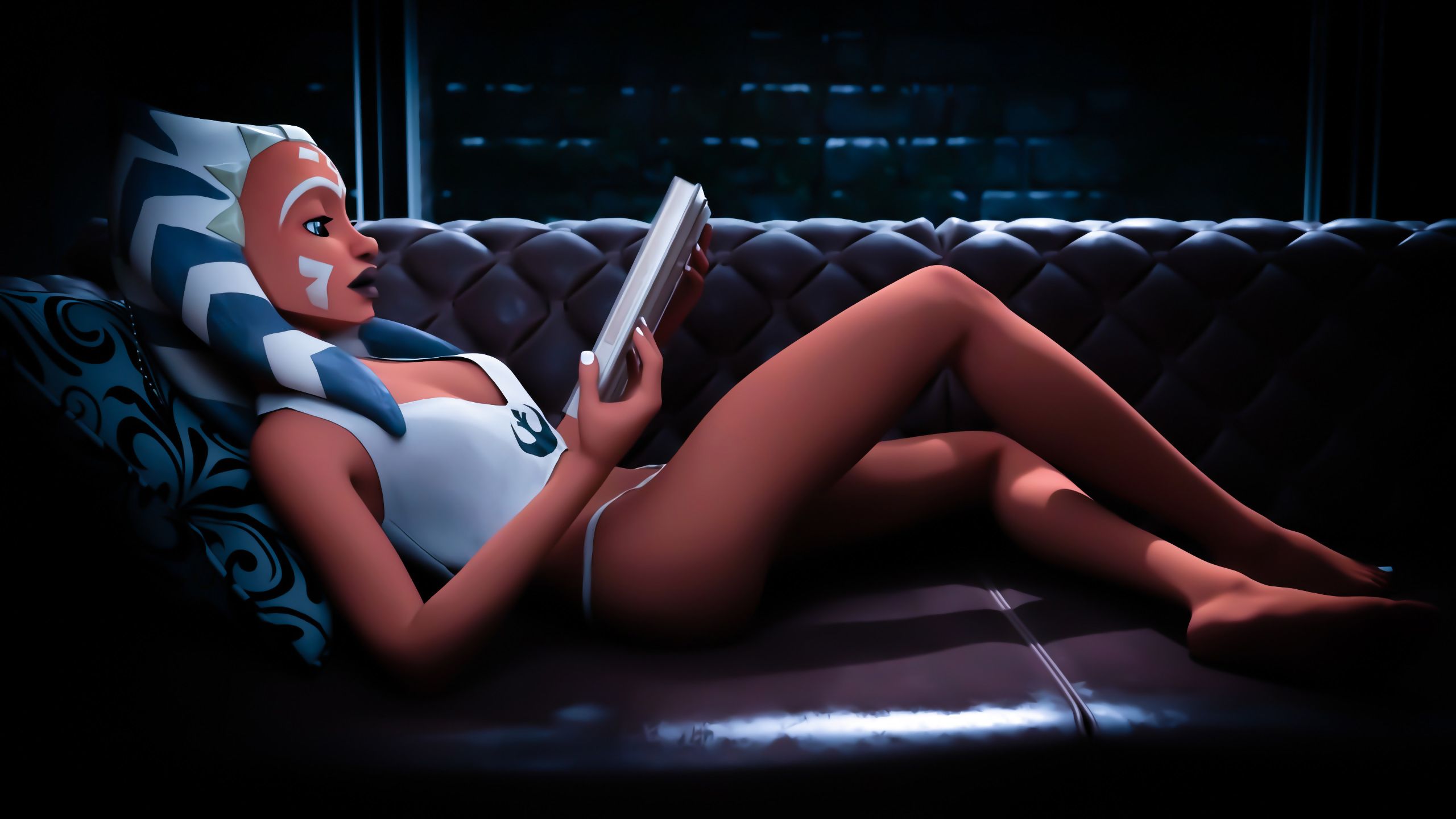 1girls, ahsoka tano, alien, alien girl, bare legs, barefoot, clone wars, couch, female, female focus, female only, kirelic, laying down, laying on back, legs, nail polish, orange skin, painted nails, panties, reading, relaxing, star wars, togruta