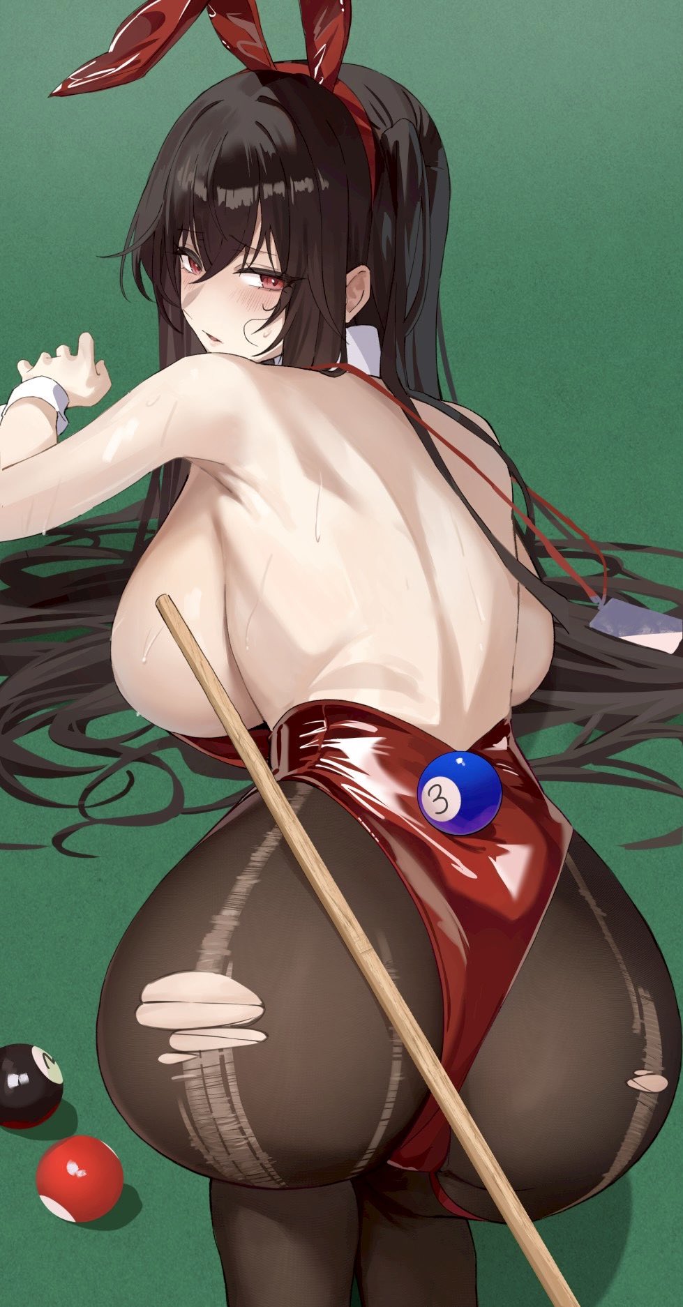 1girls, ass, azur lane, back view, bare back, bare shoulders, big ass, big breasts, big butt, billiard ball, billiard cue, billiard table, black hair, blush, breasts, bunnysuit, fake animal ears, fake rabbit ears, female, large ass, large breasts, light skin, light-skinned female, looking at viewer, looking back, naig (naiji), red bunnysuit, red eyes, ripped clothing, ripped tights, sweat, sweatdrop, sweating, sweaty, taihou (azur lane), taihou (fun on the baize) (azur lane), tights
