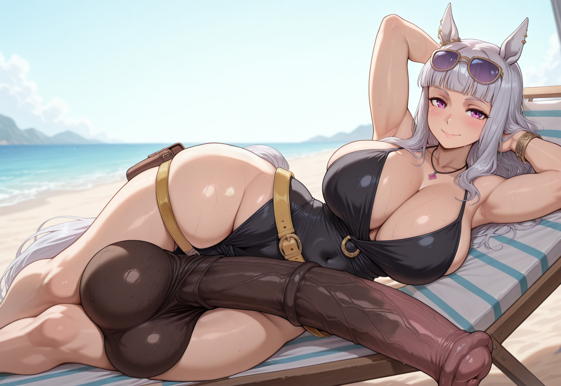 1futa, 2025, ai generated, animal ears, animal genitalia on humanoid, balls, beach, big breasts, bracelet, breasts, civitai, cleavage, curvy, dickgirl, flaccid, fut4lov3r, futa only, futanari, gold ship (umamusume), heavy balls, heavy penis, horse penis, horse tail, horsecock, horsecock on humanoid, huge breasts, intersex, large breasts, large penis, long hair, looking at viewer, lying on side, mostly clothed, outdoors, penis, purple eyes, self upload, solo, sunglasses, tail, testicles, thick thighs, thigh strap, umamusume, umamusume pretty derby, veiny balls, veiny penis, voluptuous, white hair, wide hips