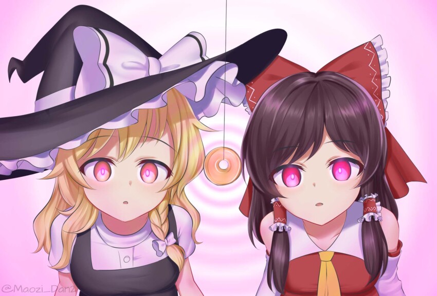 2girls, blonde hair, braided ponytail, brown hair, detached sleeves, female, femsub, frilled hat, glowing eyes, hair ornament, hair ribbon, hair tubes, hat, hypnosis, long hair, maozi dan, marisa kirisame, mind control, multiple females, multiple girls, multiple subs, open mouth, pendulum, red eyes, reimu hakurei, side ponytail, touhou, witch hat, yellow eyes