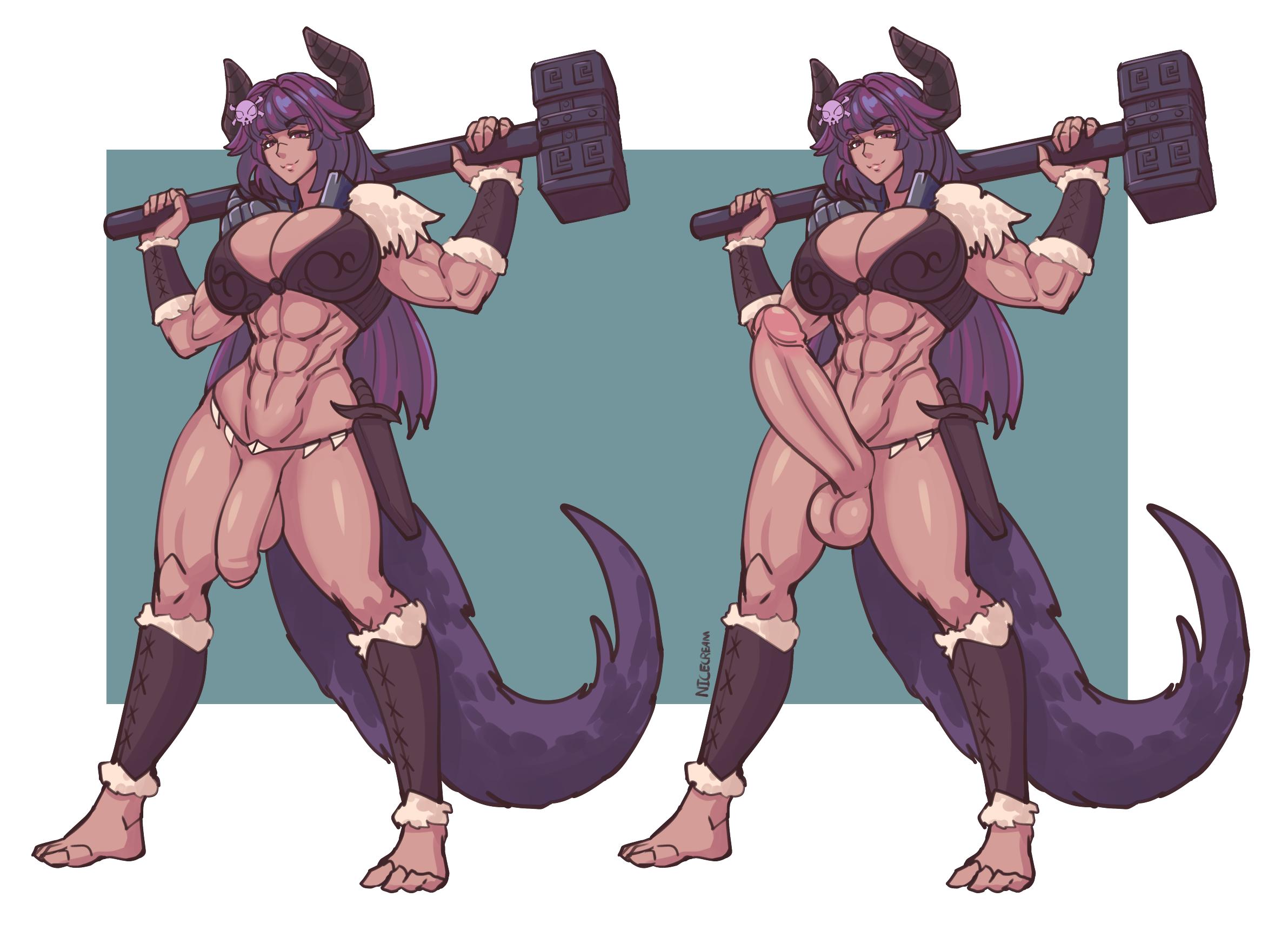 1futa, abs, balls, big breasts, breasts, cleavage, dickgirl, erection, female, flaccid, futa only, futanari, hammer, horns, huge cock, intersex, large breasts, monster girl, muscles, muscular, muscular futa, nicecream, penis, solo futa, tail, testicles