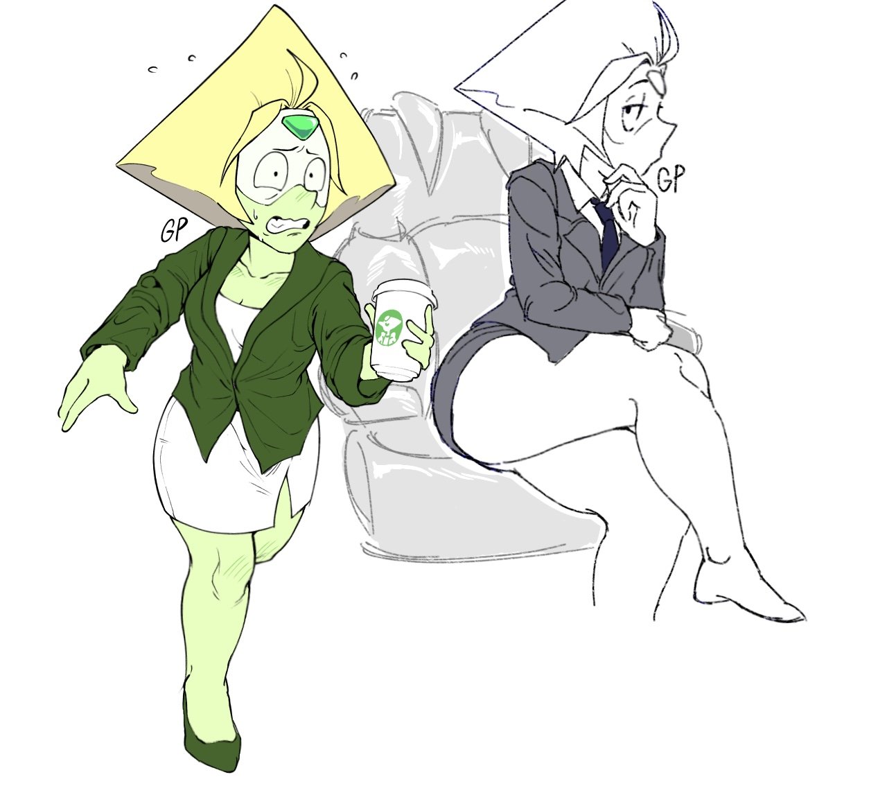1girls, anxious, blonde hair, coffee cup, curvy, female, gem (species), green skin, n12griffith, office lady, pencil skirt, peridot (steven universe), short female, short skirt, shortstack, sitting, steven universe, thick thighs