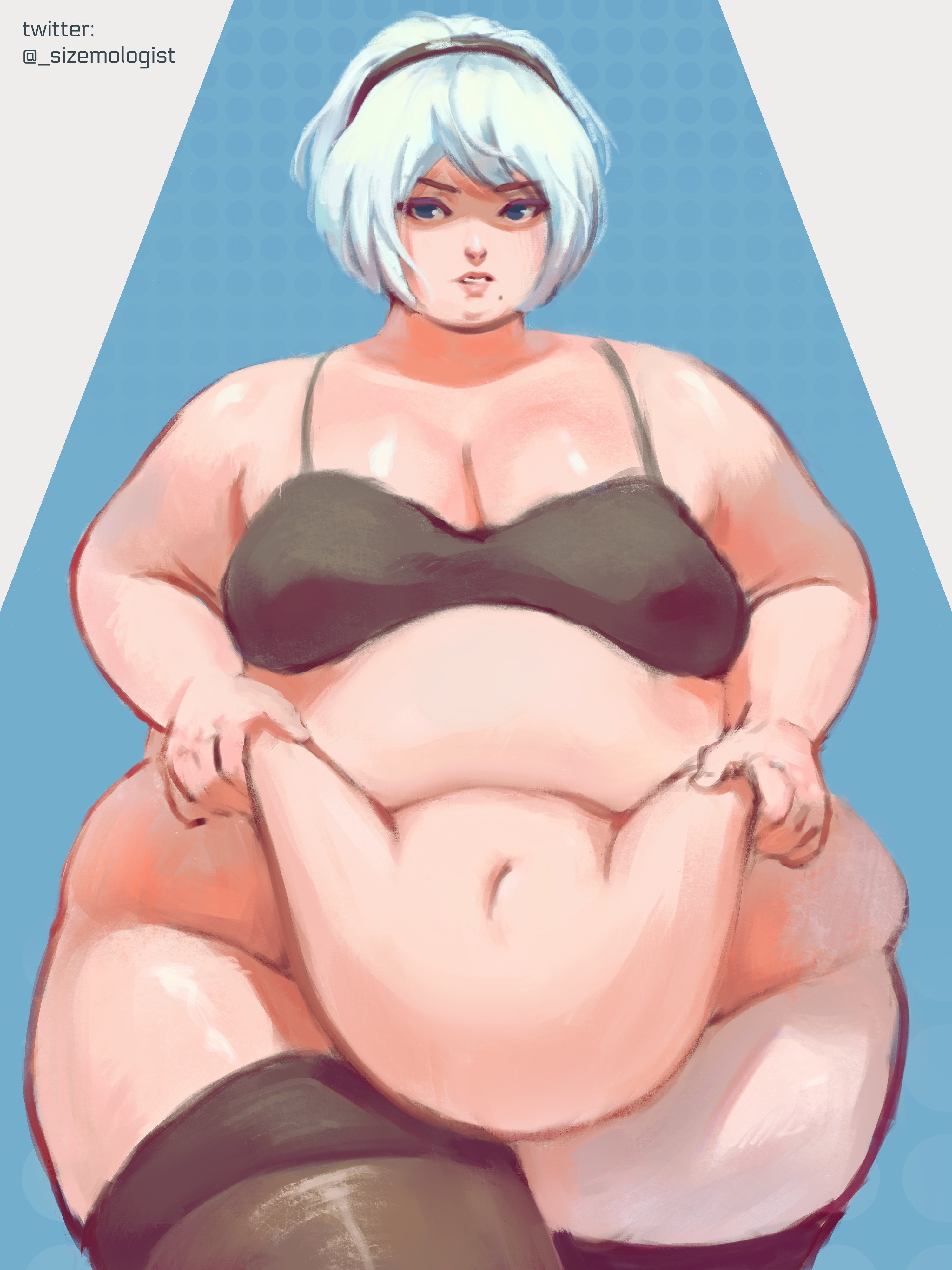 1girls, 2d, 2d (artwork), 3:4, absurd res, absurd resolution, absurdres, alternate ass size, alternate body size, alternate breast size, android, android girl, apron belly, areolae, areolae visible through clothing, ass, bare arms, bare ass, bare belly, bare midriff, bbw, belly, belly grab, belly overhang, belly rolls, belly squish, big ass, big belly, big breasts, big thighs, black bra, black stockings, black thigh highs, blue eyes, blue-eyed female, bob cut, bottom heavy, bra, breasts, breasts on belly, cleavage, color, colored, cowboy shot, deep navel, digital media (artwork), double belly, double chin, english text, eyeshadow, fat, fat arms, fat belly, fat face, fat female, fat fetish, fat folds, fat legs, fat rolls, fat thighs, feet out of frame, female, female focus, female humanoid, female only, front view, gigantic ass, glistening, glistening body, glistening breasts, glistening skin, glistening thighs, grabbing belly, grabbing own belly, hairband, hand on belly, hand on own belly, hands on belly, hi res, high resolution, highres, huge ass, huge belly, huge thighs, humanoid, humanoid female, lifting, lifting belly, light skin, light-skinned female, lingerie, lingerie only, looking at viewer, love handles, morbidly obese, morbidly obese female, muffin top, navel, nier, nier (series), nier: automata, no panties, obese, obese female, overweight, overweight female, parted lips, partially clothed, partially clothed female, pear shaped, pear-shaped figure, pinup, platinum games, purple eyeshadow, revealing clothes, robot, robot girl, robot humanoid, sagging belly, sagging breasts, shaded, short hair, sideass, simple background, sizemologist, solo, square enix, ssbbw, standing, stockings, stockings thigh highs, text, thick thighs, thigh highs, thunder thighs, twitter username, video game character, video games, white hair, white-haired female, wide ass, wide hipped female, wide hips, wide thighs, yorha 2b