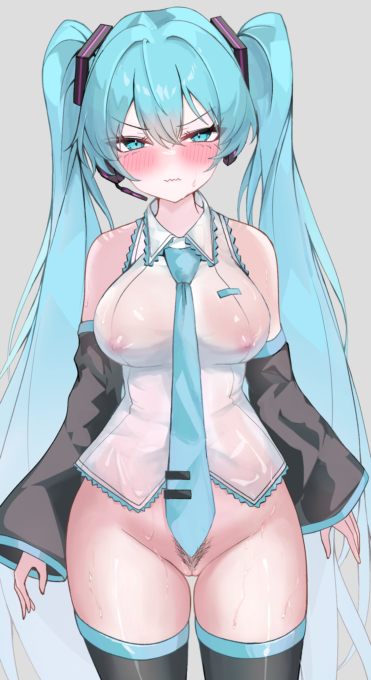 1girl, angry, aqua eyes, aqua hair, black thighhighs, blush, breasts, covered nipples, detached sleeves, eikawa suru, exhibitionism, female, female pubic hair, hatsune miku, headset, kawasuru, long hair, looking at viewer, necktie, no panties, nude, nude female, pubic hair, pussy, see-through, simple background, solo, thighhighs, twintails, very long hair