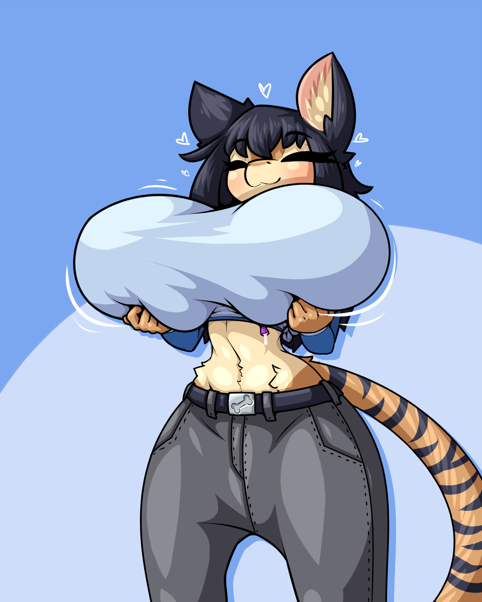 :3, 1girls, 4:5, anthro, bare midriff, belt, big breasts, black stripes, breast hold, breast lift, breast rest, breasts, bursting breasts, curvy, cute, female, female only, filled condom, full condom, furry, holding breasts, hourglass figure, huge breasts, humanoid, hyper breasts, hyper condom, hyper cum, julia (apizzatrash), limebreaker, long tail, midriff, milk, misleading thumbnail, orange fur, original, original character, shortstack, small but busty, soft breasts, solo, solo female, striped tail, stripes, tan fur, tank top, thin waist, tiger, tiger stripes, tiger tail, wide hips
