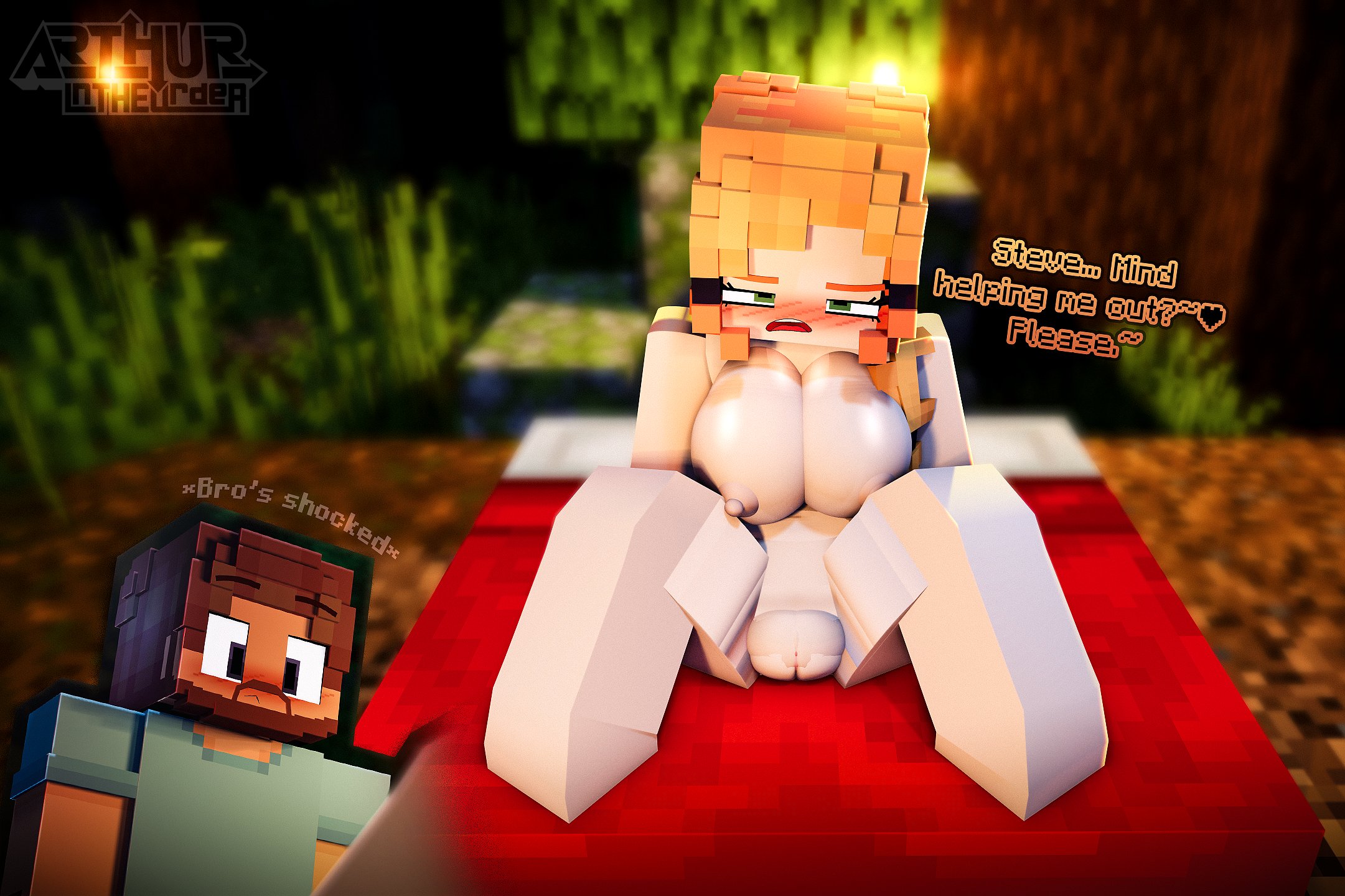 1boy, 1girls, 2025, 3d, alex (minecraft), arthur32, breasts, erect nipples, female, female focus, forest, green eyes, horny female, looking at viewer, lying on bed, male, mine-imator, minecraft, navel, nipples, nude, nude female, on back, on bed, open mouth, orange hair, outdoors, outside, pussy, solo, spread legs, steve (minecraft), tagme, text, text bubble, wet pussy