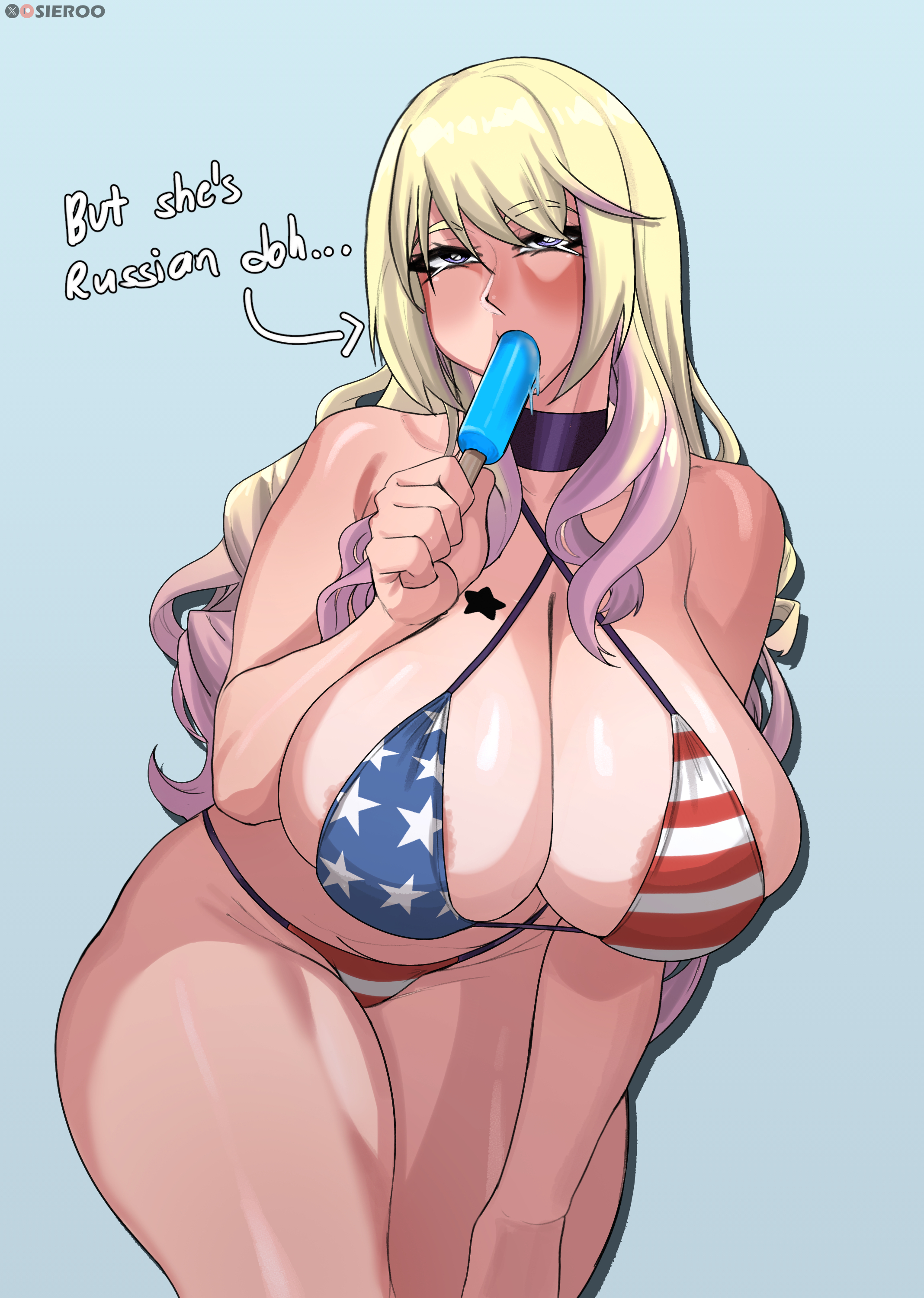 1girls, american flag bikini, blonde hair, breasts, female, female only, huge breasts, ice cream, light skin, light-skinned female, long hair, multicolored hair, original, original character, pink hair, pink highlights, purple eyes, sieroo, simple background, solo
