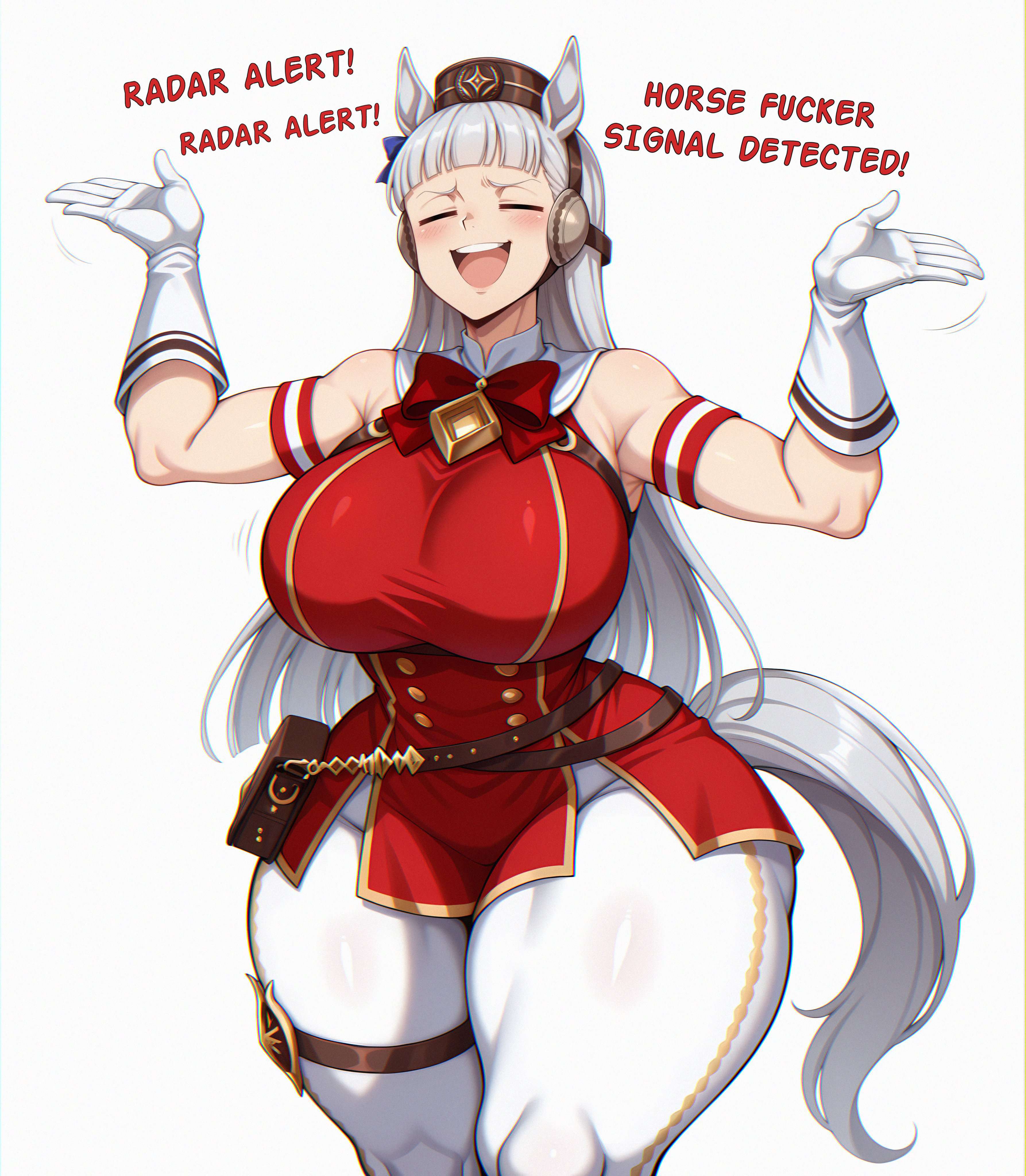 1girls, ai generated, big breasts, breasts, female, gold ship (umamusume), horse girl, smile, tagme, thick thighs, thunder thighs, umamusume, white hair, wide hips