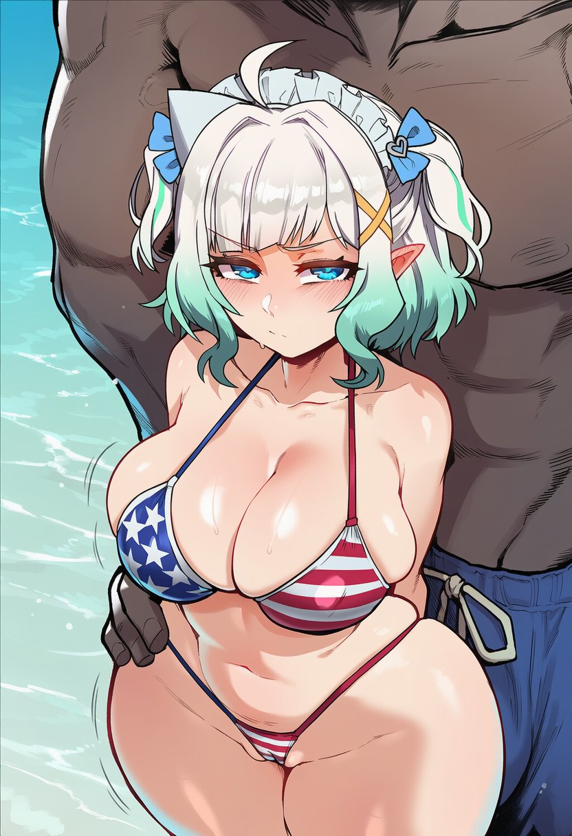 ai generated, alternate breast size, american flag bikini, beach, big breasts, breasts, dark-skinned male, densetsu.exe, duo, female, large breasts, male, mint fantome, virtual youtuber, wumiai