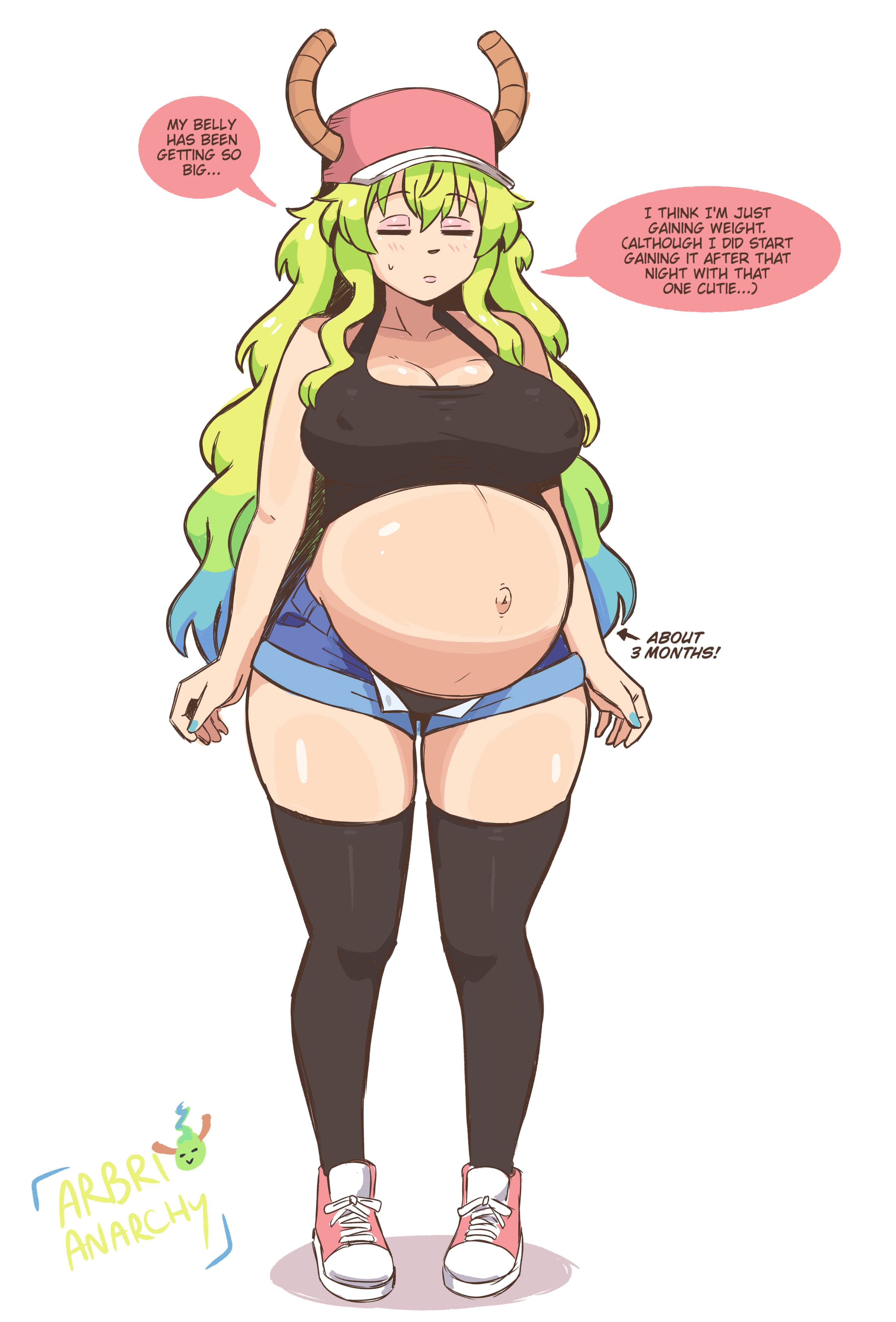 arbrianarchy, big belly, big breasts, chubby, chubby female, english dialogue, english text, female, kobayashi-san chi no maidragon, large breasts, lucoa, lucoa (maidragon), maidragon, nails painted, poll winner, pregnant, pregnant female, quetzalcoatl (dragon maid), shoes, sneakers