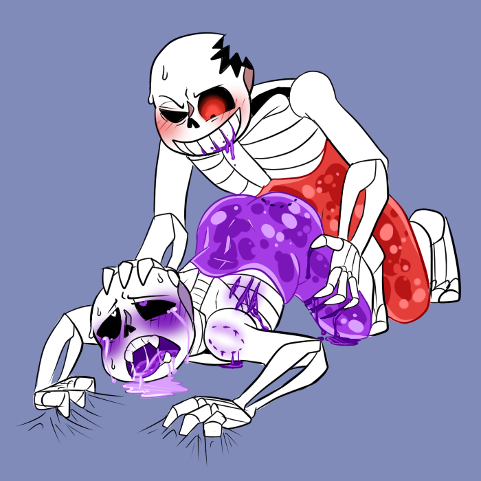 <3_eyes 1:1 animated_skeleton bent_over bite_mark blood blush bodily_fluids bone digital_media_(artwork) drooling duo fangs from_behind_position glowing glowing_eyes grabbing_sheets grin heart horrortale horrortale_sans male male/male nude open_mouth purple_background purple_tongue red_eyes saliva sans sex simple_background skeleton smile sweat tears teeth tongue undead underlust underlust_sans undertale undertale_fanfiction video_games wounded