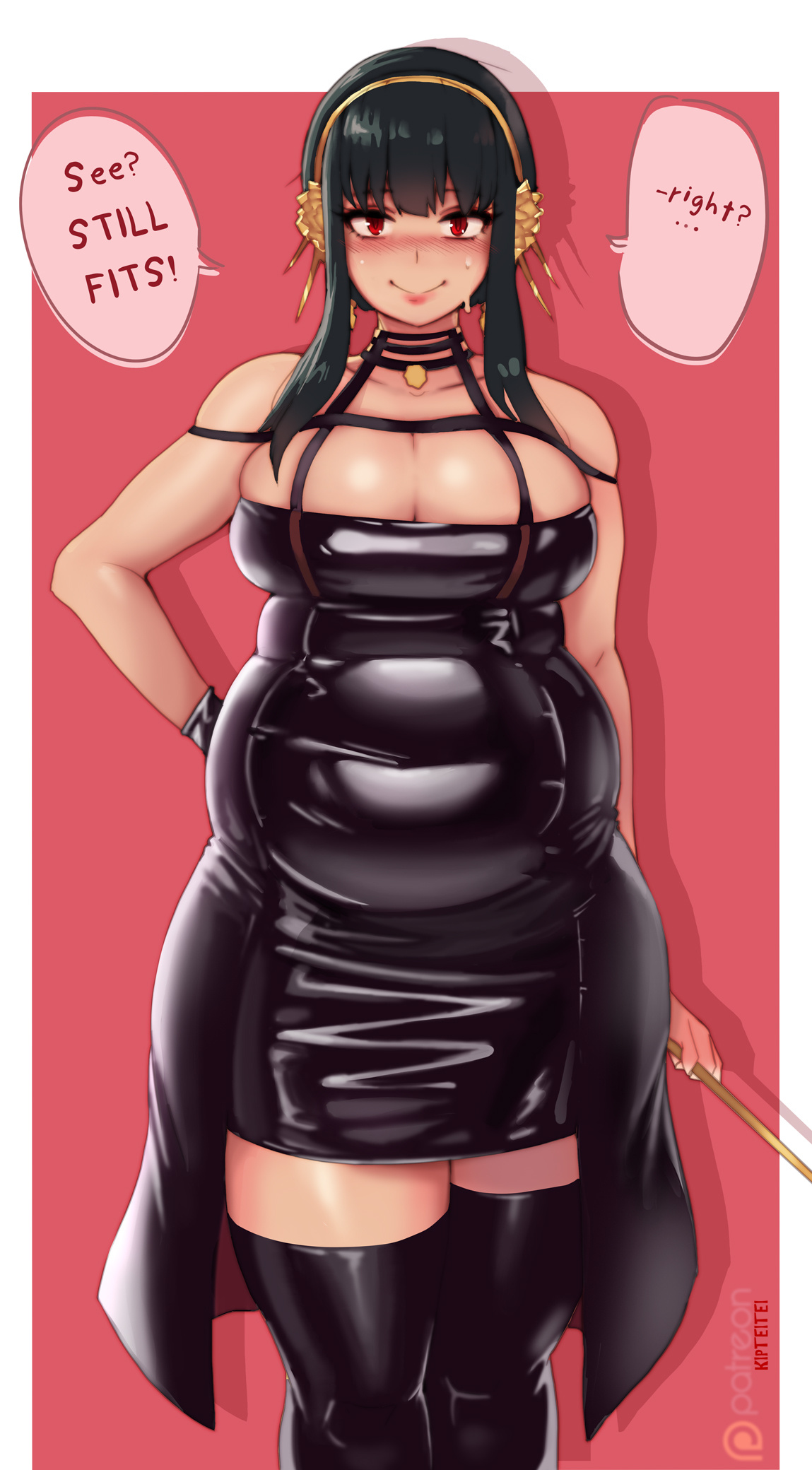 1girls, 2022, ass, bbw, belly overhang, big belly, big breasts, big female, blush, blush lines, breasts, chub, chubby, chubby female, embarrassed, english text, fat, fat female, fat fetish, fatty, female, female only, human, human only, kipteitei, large female, obese, obese female, overweight, overweight female, plump, solo, speech bubble, spy x family, sweat, sweatdrop, sweating, text, thick thighs, thorn princess, tubby, weight gain, yor briar, yor forger