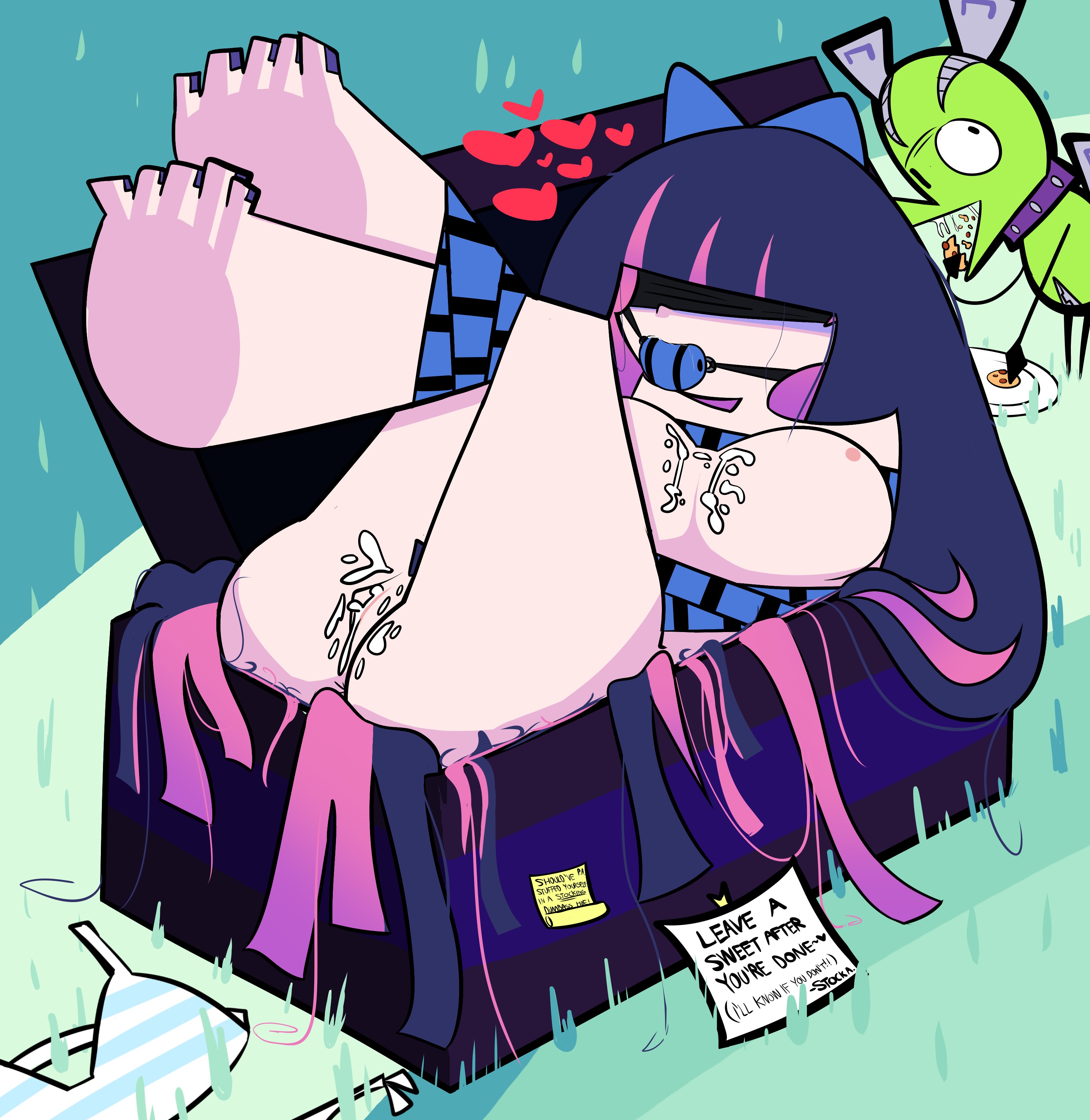 1girls, 2d, 2d (artwork), accurate art style, asking for it, barefoot, blindfolded, blindfolded female, bondage, bowtie, bowtie on head, boy saltiest, breasts, chuck (psg), consensual bondage, cum, cum in pussy, cum on breasts, feet, gag, heart, long hair, long hair female, long-haired female, mysaltisexposed, nipple, nude, nude female, panty & stocking with garterbelt, purple hair female, purple-haired female, pussy, sign, sticky note, stocking anarchy, text, tied up, tied up female, vagina