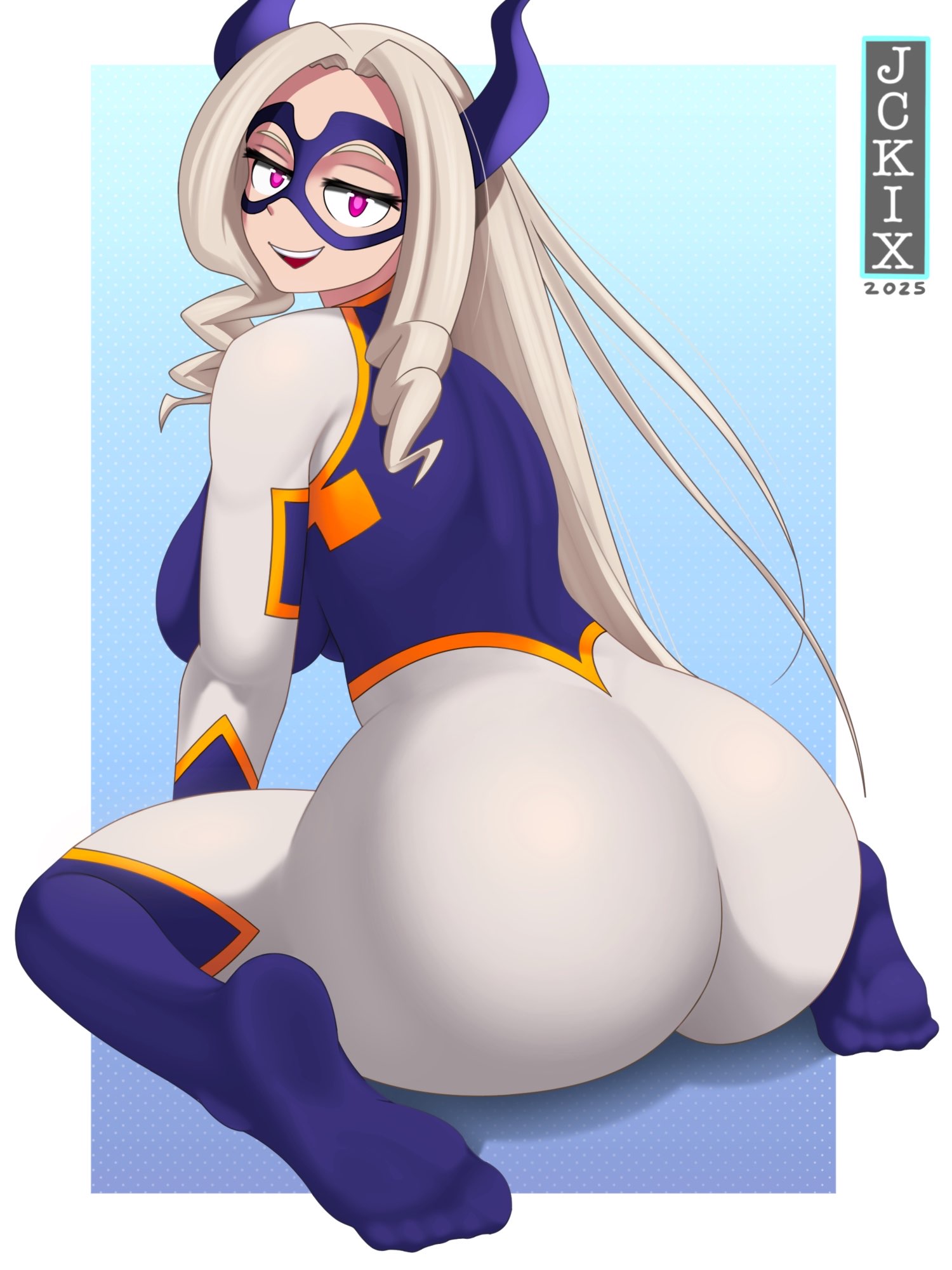 1girls, 2025, artist name, ass, ass focus, blonde hair, curvy, female, horns, jckix art, kneeling, light skin, light-skinned female, mount lady, pink eyes, superheroine, tight clothing, yuu takeyama
