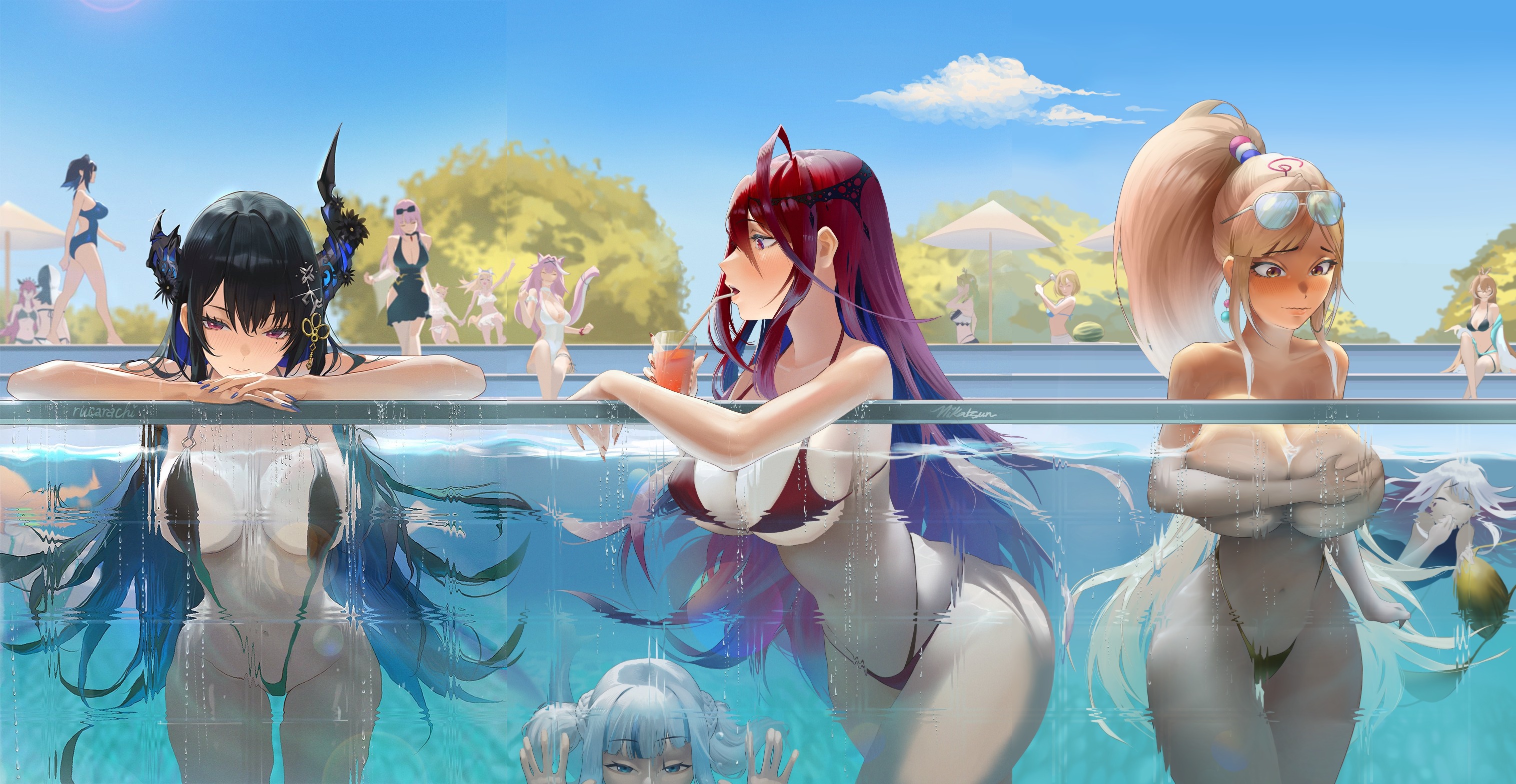 1girls, big breasts, bikini, bikini bottom, black hair, blonde hair, blue hair, breasts, ceres fauna, character in background, colored inner hair, covered nipples, covering breasts, dark skin, dark-skinned female, elizabeth rose bloodflame, embarrassed, eyewear on head, female, female only, fuwamoco, fuwawa abyssgard, gawr gura, hololive, hololive english, hololive english -advent-, hololive english -council-, hololive english -justice-, hololive english -promise-, hololive myth, horn, irys, irys (hololive), large breasts, light brown hair, light skin, light-skinned female, long hair, merged, mococo abyssgard, mori calliope, multicolored hair, multiple females, multiple girls, nanashi mumei, nerissa ravencroft, nikatsun, one-piece swimsuit, orange hair, ouro kronii, pink hair, ponytail, pool, raora panthera, raora panthera (secret island), red eyes, red hair, rucarachi, shiori novella, sling bikini, smile, string bikini, sunglasses, sunglasses on head, swimming pool, swimsuit, swimwear, takanashi kiara, topless, tsukumo sana, very long hair, virtual youtuber, water, white hair