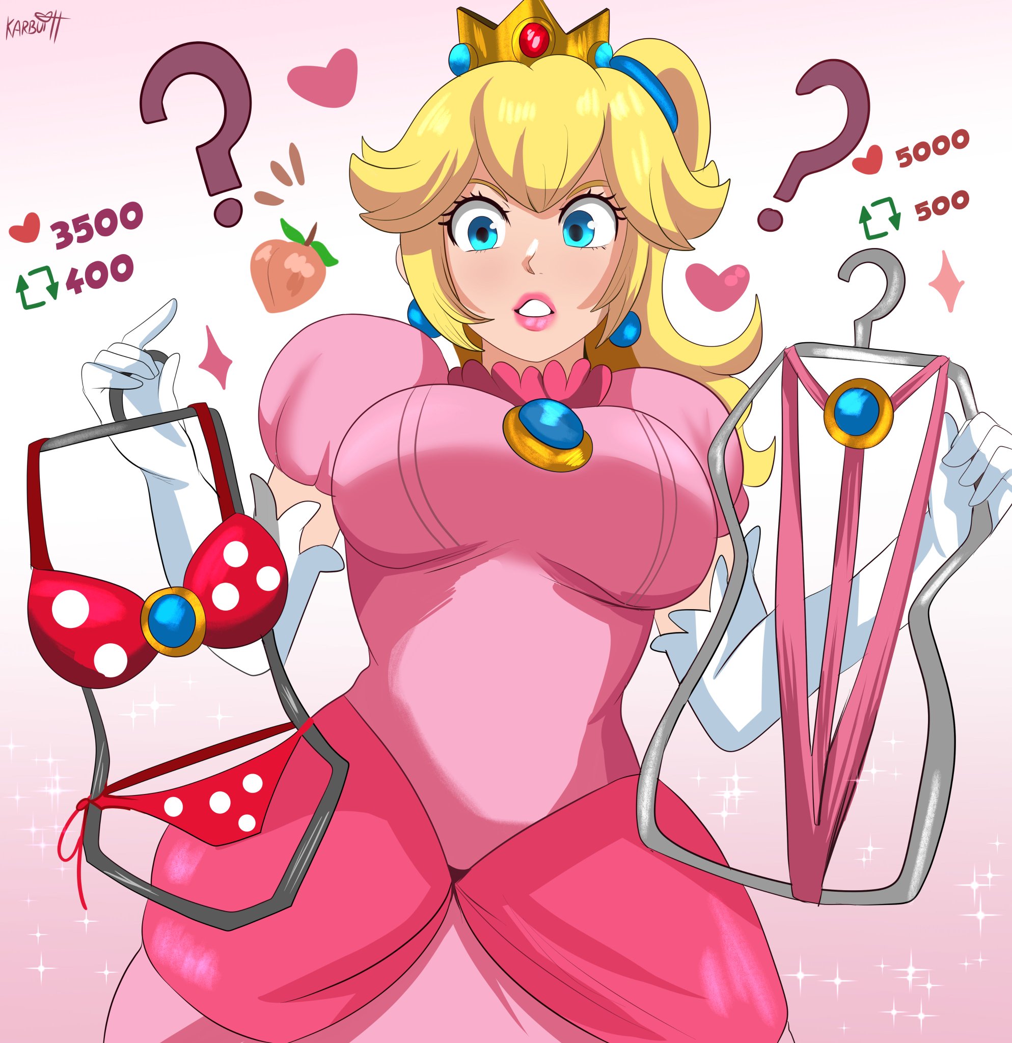?, 1girls, artist name, bikini, blonde hair, blue earrings, blue eyes, breasts, clothed, clothes hanger, crown, dress, earrings, elbow gloves, female, gloves, karbuitt, large breasts, like and retweet, lips, lipstick, long gloves, long hair, mario (series), nintendo, pink dress, polka dot bikini, ponytail, princess peach, retweet challenge, sling bikini, slingshot swimsuit, solo, solo female, solo focus, spotted bikini, swimsuits, twitter strip game (meme), two piece swimsuit, white elbow gloves, white gloves, white long gloves