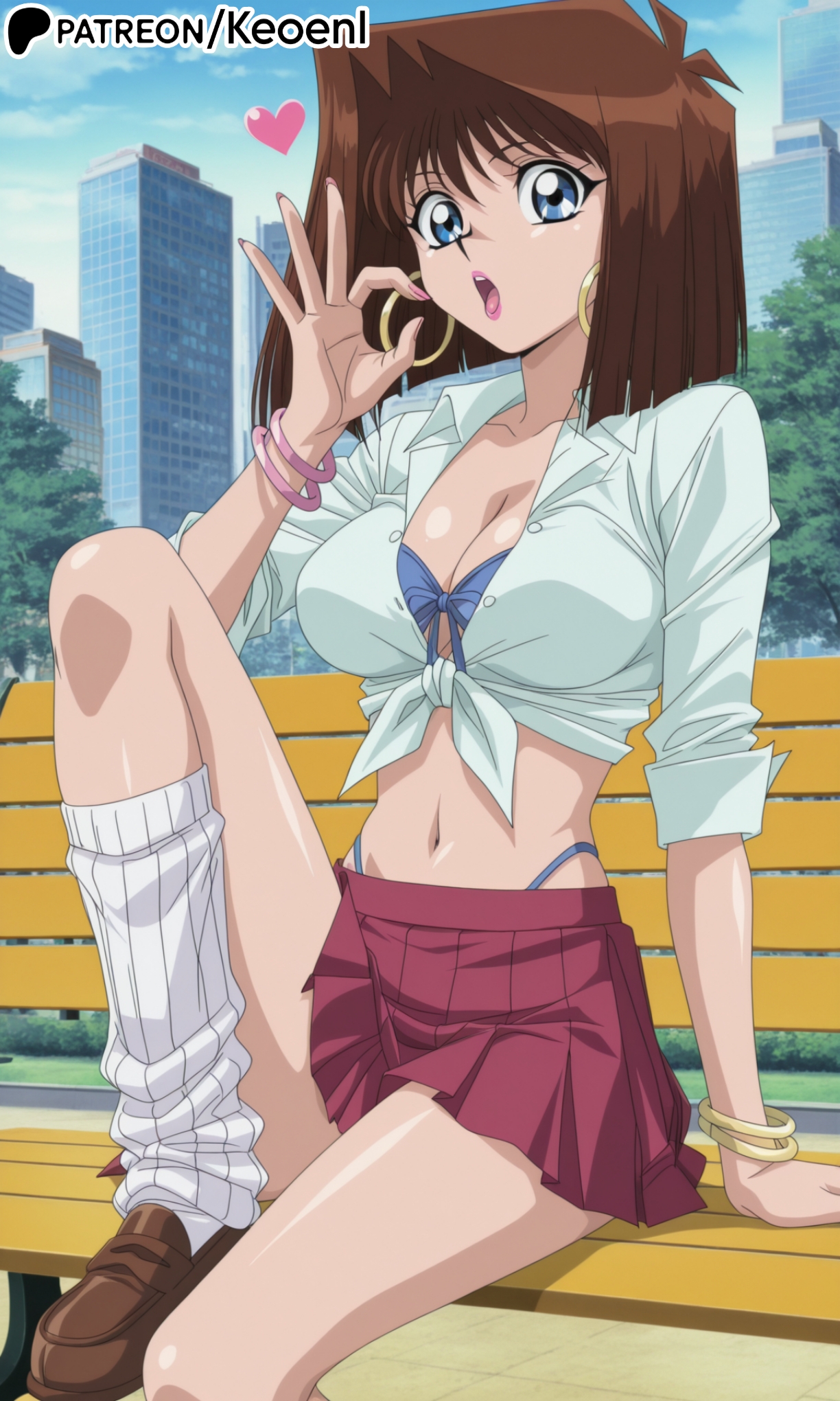 1girls, accurate art style, ai generated, anime, ass, big breasts, blue eyes, blush, bra, bracelet, breasts, brown hair, cleavage, earrings, feet up, fellatio, fellatio gesture, female, female only, gold jewelry, gyaru, gyaru gal, hi res, huge ass, huge breasts, jewelry, keoenl, leg up, light skin, light-skinned female, lipstick, looking at viewer, makeup, mazaki anzu, midriff, miniskirt, navel, necklace, one leg up, open mouth, panties, patreon, pink lipstick, prostitute, prostitute clothes, prostitution, school uniform, schoolgirl, shoes, short hair, short shorts, skirt, socks, soles, solo, tea gardner, thick thighs, thong, thong straps, wide hips, yu-gi-oh!, yu-gi-oh! duel monsters
