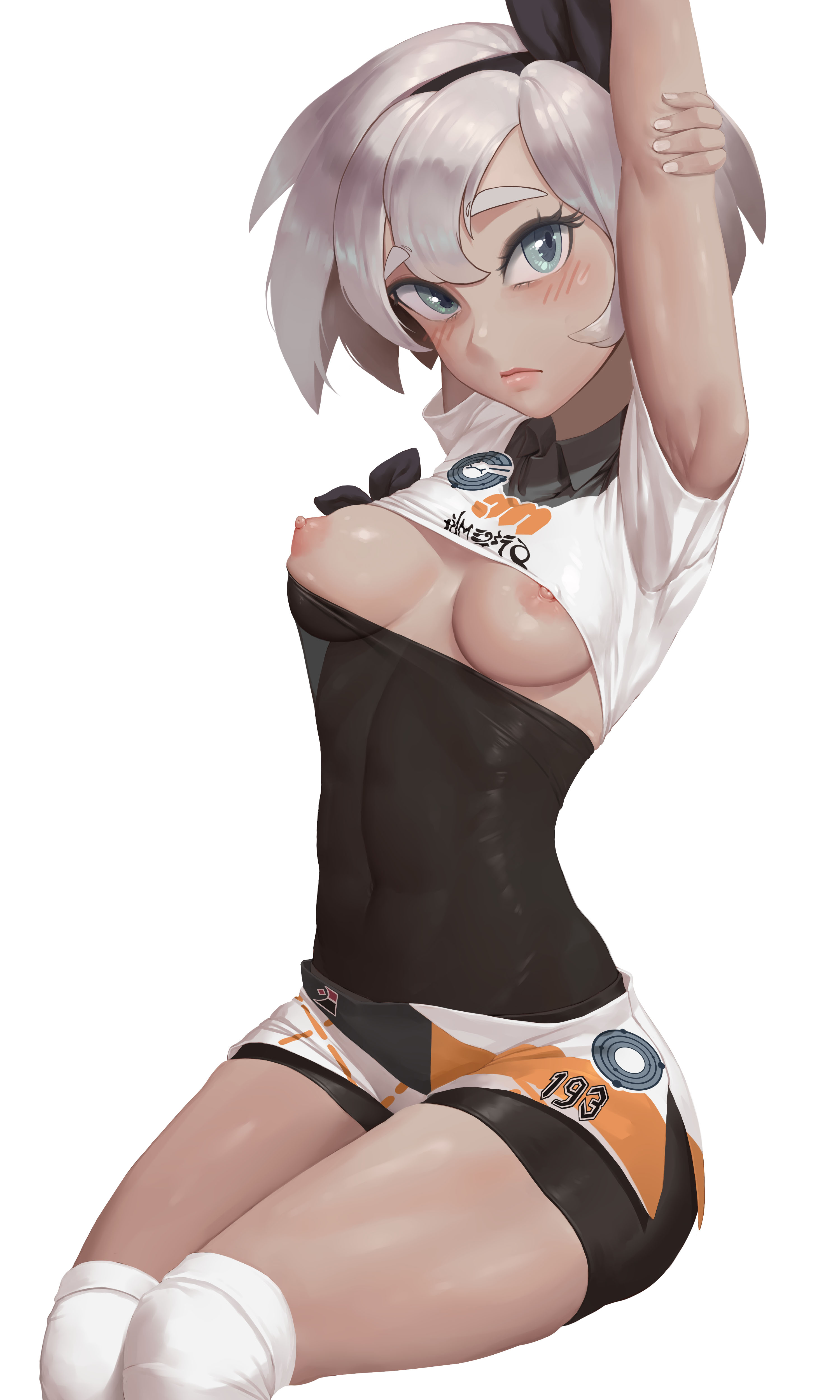 1girls, abs, accidental exposure, alternate breast size, areolae, armpits, arms up, bea (pokemon), belly, blue eyes, blush, bodysuit, breast slip, breasts, breasts out, dark skin, dark-skinned female, exposed, exposed breasts, eye contact, eyelashes, female, female only, grey hair, hairband, human, knee pads, looking at viewer, moonlit, navel, nintendo, nipples, partially clothed, pinup, pokemon, pokemon ss, shirt, short hair, shorts, silver eyes, silver hair, sitting, small breasts, solo, sportswear, stretching, text, thick thighs, thighs, wardrobe malfunction, white background, wide hips