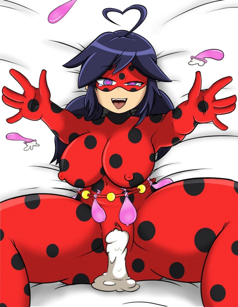 1girls, ahoge, bed sheet, big boobs, big breasts, big nipples, bodysuit, breasts, condom, condom belt, cum, cum in pussy, erect nipples, erect nipples under clothes, female, fucked through clothes, gloves, heart, heart ahoge, heart-shaped pupils, hourglass figure, ladybug (character), large breasts, long hair, marinette cheng (pv), marinette dupain-cheng, marinette dupain-cheng (pv), mask, miraculous ladybug, miraculous: tales of ladybug and cat noir, nipples, open mouth, polka dot, pussy, smile, solo, thick legs, thick thighs, tongue, tongue out, used condom