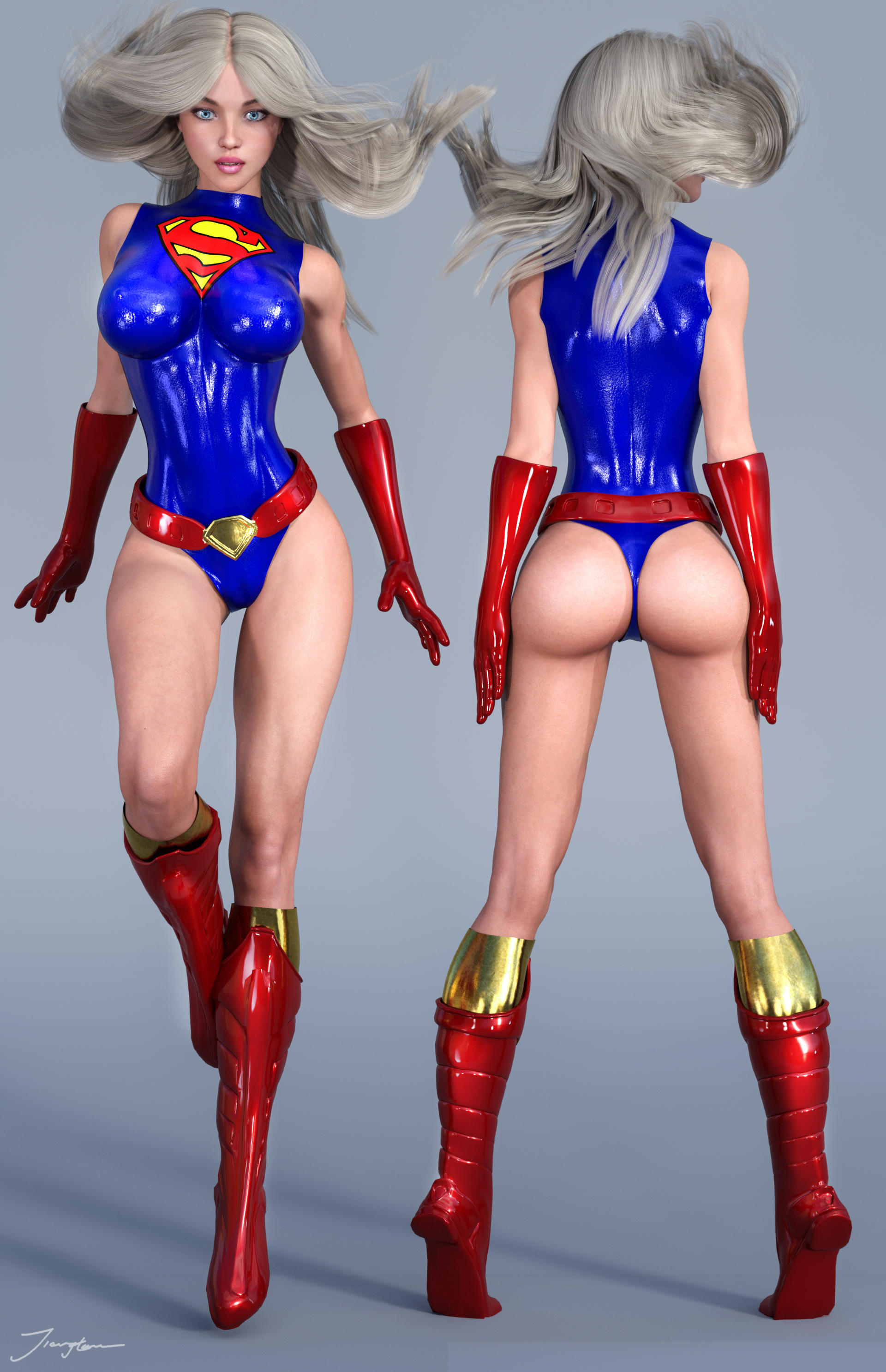 1girls, 3d, ass, back view, belt, big breasts, blonde hair, blue eyes, blue leotard, blue thong, boots, breasts, cameltoe, dc, dc comics, erect nipples, erect nipples under clothes, eyeshadow, female, female only, flying, from behind, front view, gloves, kara danvers, kara zor-el, kryptonian, leotard, lipstick, long hair, makeup, mascara, nipple bulge, nipples, pink lips, pink lipstick, pinup, pussy, red belt, red boots, red gloves, signature, solo, supergirl, superheroine, superman (series), text, thong, tiangtam, tiptoes, vulva