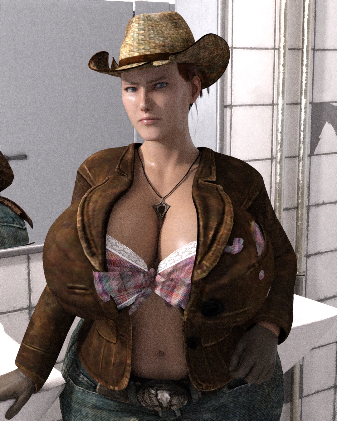 1girls, 3d, alphaprimaris, angry, annoyed, bethesda, bethesda game studios, bethesda softworks, breasts, cleavage, curvy, fallout, fallout new vegas, fat, fat female, female, female only, large breasts, obsidian entertainment, red hair, rose of sharon cassidy, solo, solo female, toilet, venus body, whored out