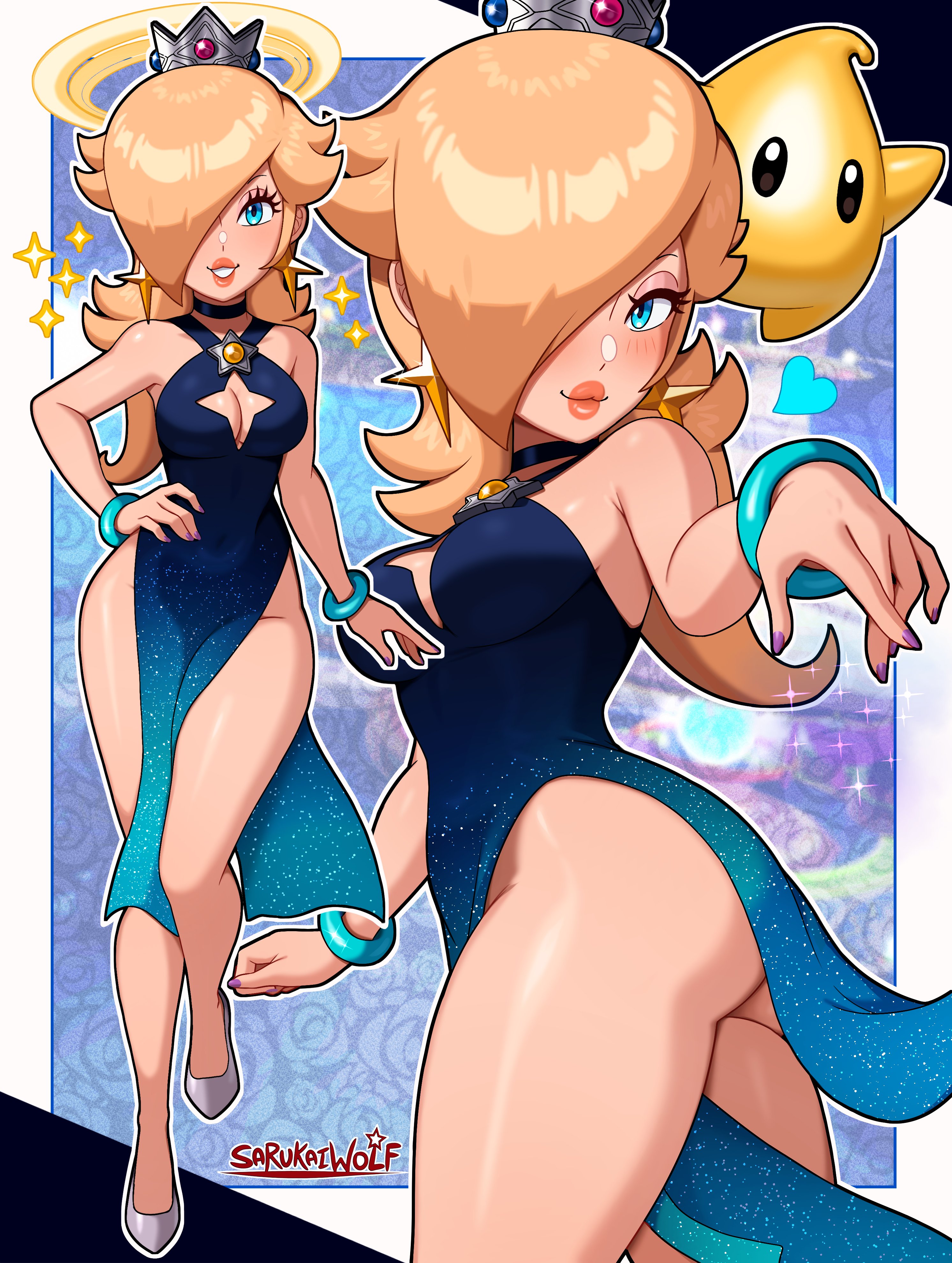 1girls, artist name, bimbo, blonde hair, blue eyes, boob window, breasts, busty, cleavage, cleavage cutout, crown, curvy, dress, earrings, female, hair over one eye, hips, legs, light skin, light-skinned female, luma, mario (series), nintendo, no panties, princess rosalina, sarukaiwolf, starry night dress (sarukaiwolf)