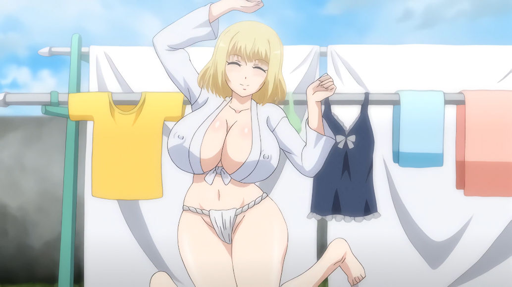 alisa (katainaka ni totsui de kita russia musume to h shimakuru ohanashi), blonde hair, blonde-haired female, breasts, cleavage, closed eyes, closed eyes smile, closed mouth, closed mouth smile, clothed female, collaboration works, female, fundoshi, giant breasts, gigantic breasts, happi (clothing), huge breasts, hyper breasts, jumping, katainaka ni totsui de kita russia musume to h shimakuru ohanashi, ova, russian female, short blonde hair, short hair, short hair female, suzumura arisa, talking, women's fundoshi, yamakasa