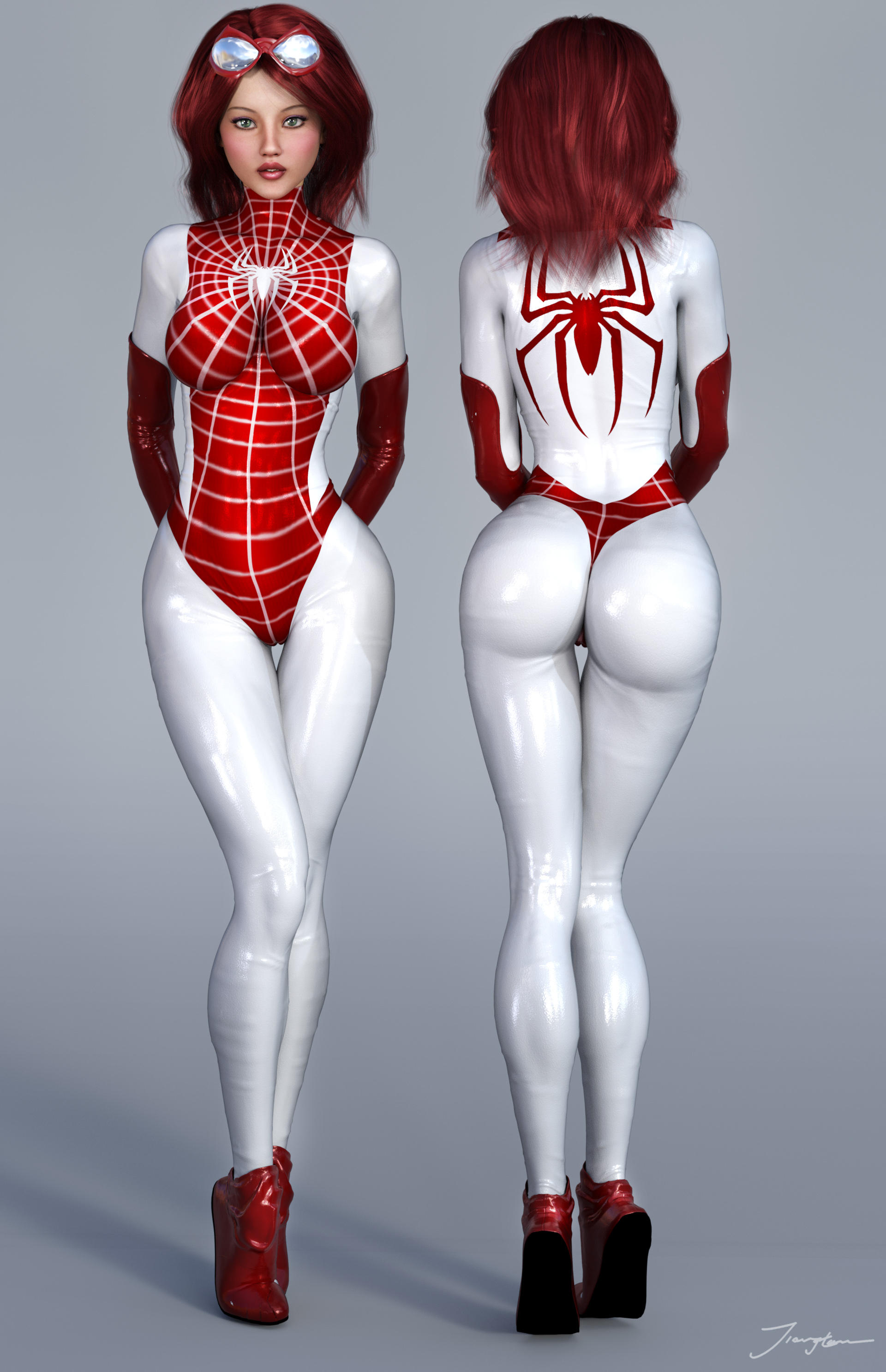 1girls, 3d, ass, back view, big ass, bodysuit, boots, breasts, cameltoe, erect nipples, erect nipples under clothes, eyeshadow, female, female only, from behind, front view, ginger, goggles, green eyes, human, human only, light skin, light-skinned female, lipstick, long hair, makeup, marvel, marvel comics, mary jane watson, mascara, medium breasts, nipple bulge, nipples, pussy, red bodysuit, red boots, red hair, red lips, red lipstick, signature, skintight, spider-man (series), spinneret (mary jane watson), standing, superheroine, thick ass, thighs, tiangtam, tiptoes, white bodysuit