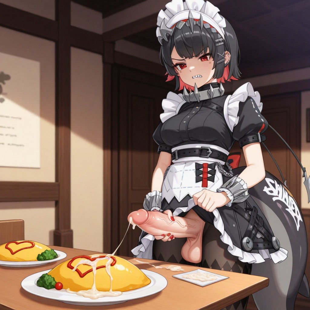 1futa, ai generated, angry, balls, breasts, cum, cum on food, cum string, cumming on food, dress lift, ellen joe, futa only, futanari, grabbing own penis, intersex, light skin, light-skinned futa, maid, maid headdress, maid uniform, masturbation, omurice, penis, shark tail, sharp teeth, skirt lift, solo, tail, testicles, wrist cuffs, zenless zone zero