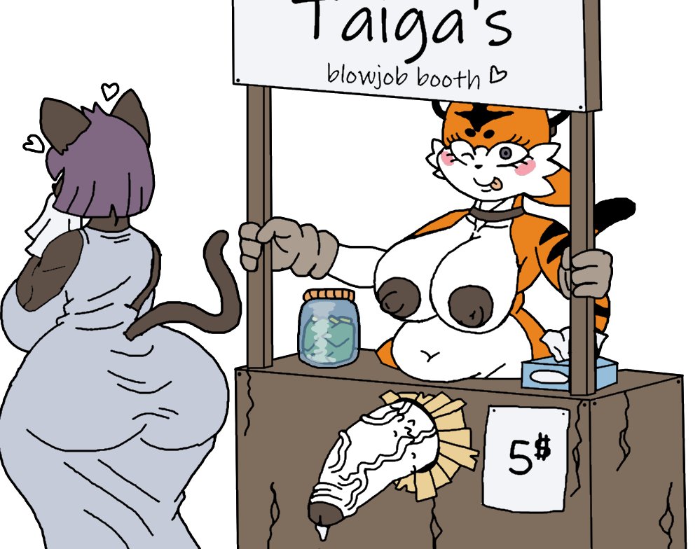 :p, 1futa, 2-ban (artist), 2d, animal ears, anthro, ass, balls, big ass, big balls, big breasts, big penis, blush, breasts, brown fur, cat ears, cat tail, chubby, dress, dripping cum, erect penis, feline, feline humanoid, female, furry, futanari, gloves, heart symbol, intersex, jar, money jar, naked, naked futa, oc, orange fur, penis, price, purple hair, tagme, taiga stripes (2-ban), text, tiger, tiger ears, tiger girl, tiger print, tiger tail