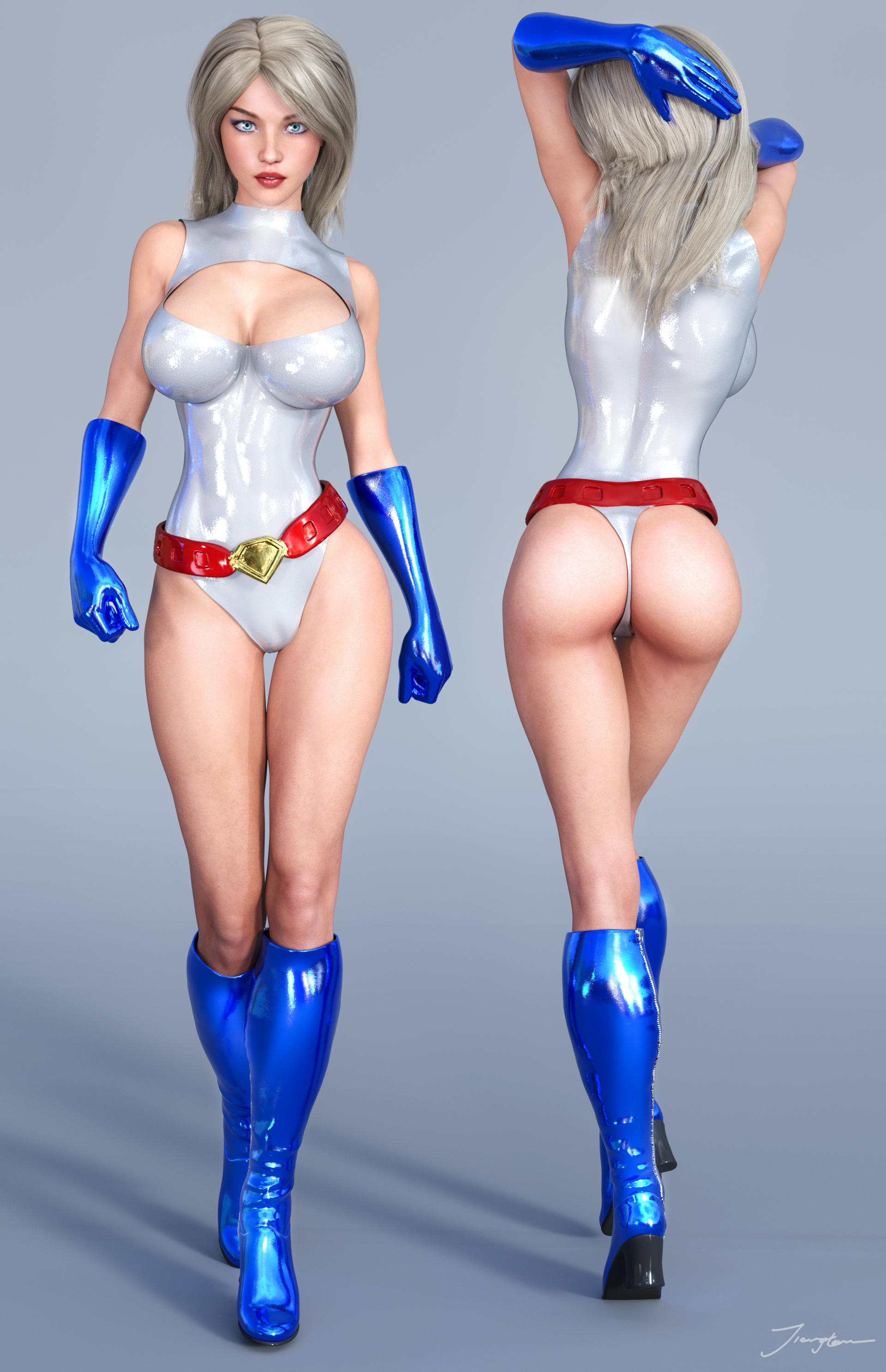 1girls, 3d, ass, back view, belt, big breasts, blonde hair, blue eyes, blue gloves, blue heels, boots, breasts, busty, cleavage, cleavage cutout, curvaceous, curvy, dc, dc comics, eyeshadow, female, female only, from behind, front view, gloves, hand in hair, hands in hair, heels, high heel boots, justice society of america, kara zor-l, karen starr, knee boots, kryptonian, large breasts, leather boots, leotard, lipstick, makeup, mascara, pinup, power girl, red belt, red lips, red lipstick, short hair, signature, solo, standing, superman (series), thick ass, thighs, tiangtam, uncensored, voluptuous, walking, white leotard