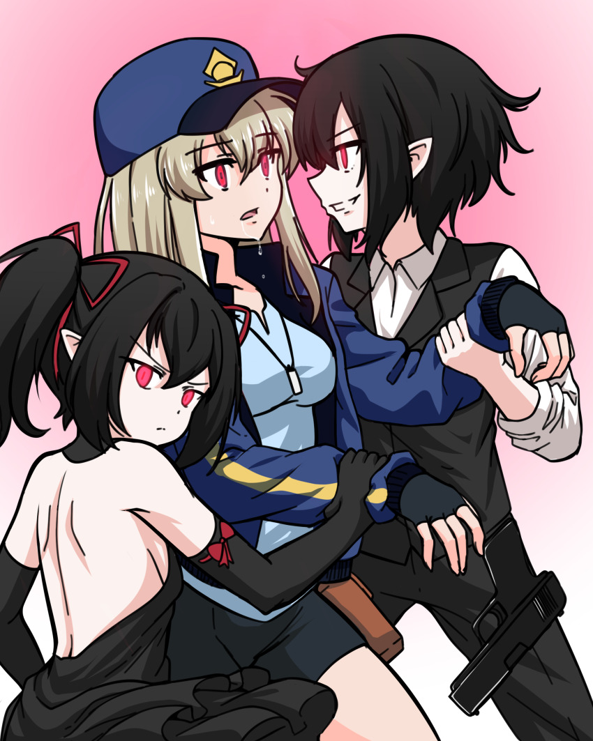 black_hair blonde_hair drooling female_only femsub hat hypnosis hypnotic_eyes long_hair mind_control myuk red_eyes short_hair