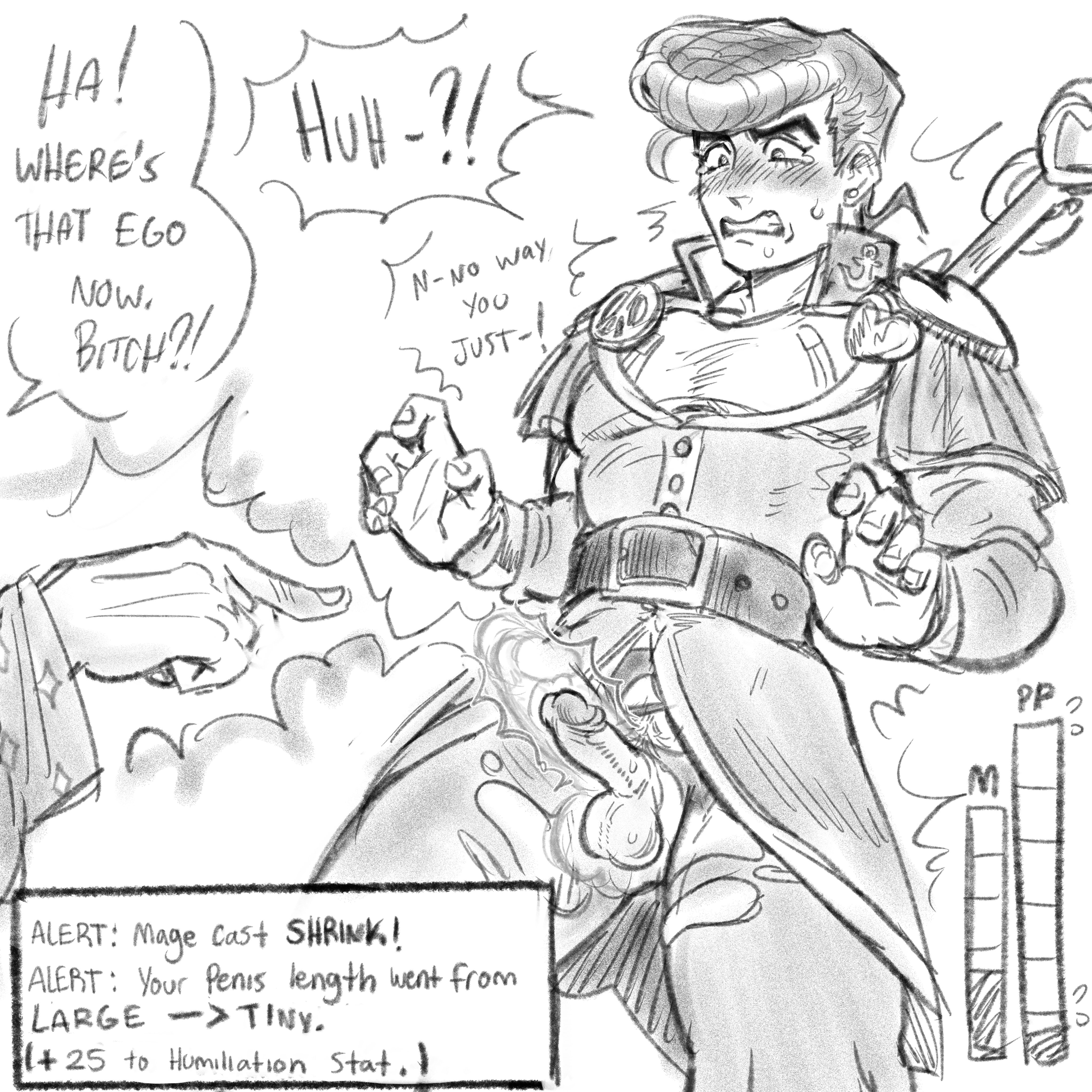 1boy, ambiguous gender, balls, balls clench, blush, blushing male, diamond is unbreakable, dick, fantasy world, gay, gay male, greyscale, humiliated, humiliating, humiliation, jojo's bizarre adventure, josuke higashikata, male, male focus, mostly clothed, mostly clothed male, no color, penis, penis shrinking, pompadour, rimmybone, shrinking, small penis, small penis humiliation, testicles, testicles clench, text, text box, text bubble, unknown character, unseen character, yaoi