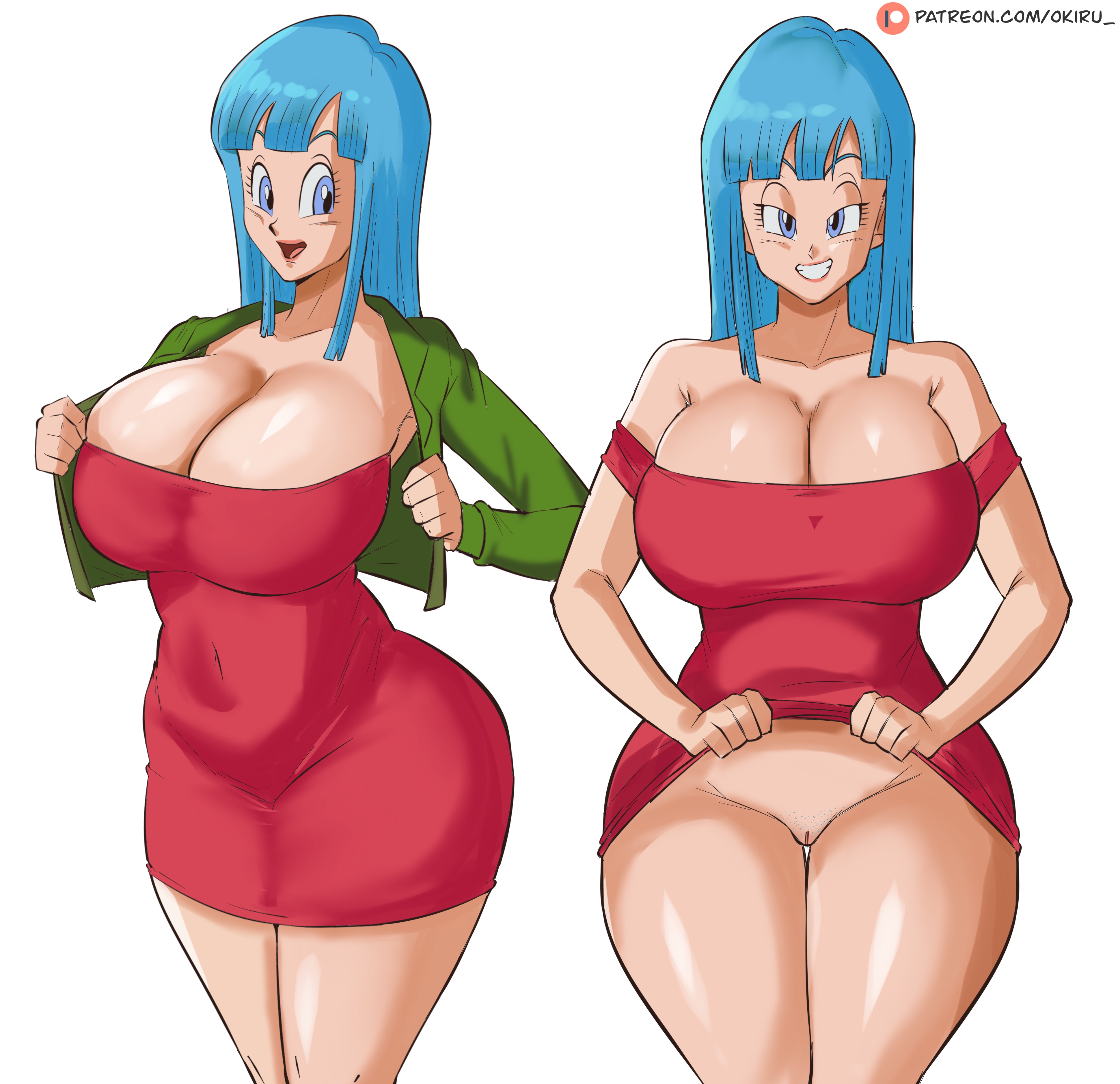 1girls, 2d, 2d (artwork), big breasts, breasts, curvy, dragon ball, dragon ball z, dragonball, dragonball z, dress, dress lift, female, female focus, female only, large breasts, light skin, light-skinned female, looking at viewer, maron, panarandom, pussy, solo, thick thighs, thighs, voluptuous, white background, wide hips