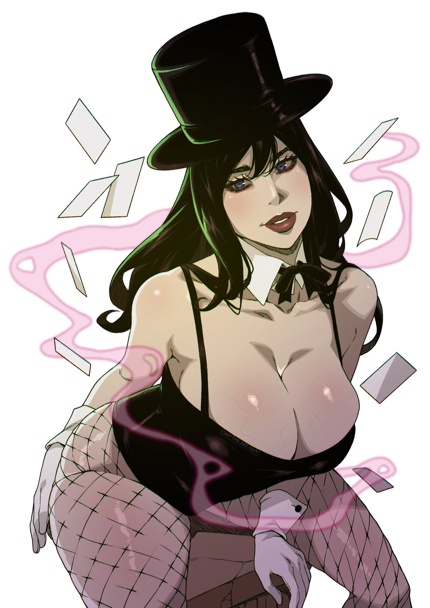 1girls, 2025, 2d, 2d (artwork), artist name, big breasts, breasts, camtheartguy, cards, cleavage, clothed, clothed female, dc, dc comics, energy, female, female focus, female human, female only, fishnet legwear, fishnets, floating object, full lips, hat, human, large breasts, leaning forward, light skin, light-skinned female, long hair, looking at viewer, magic, mature female, no sex, simple background, sitting, smile, smiling at viewer, solo, solo female, superheroine, superpowers, thick thighs, thighs, white background, wide hips, zatanna, zatanna zatara