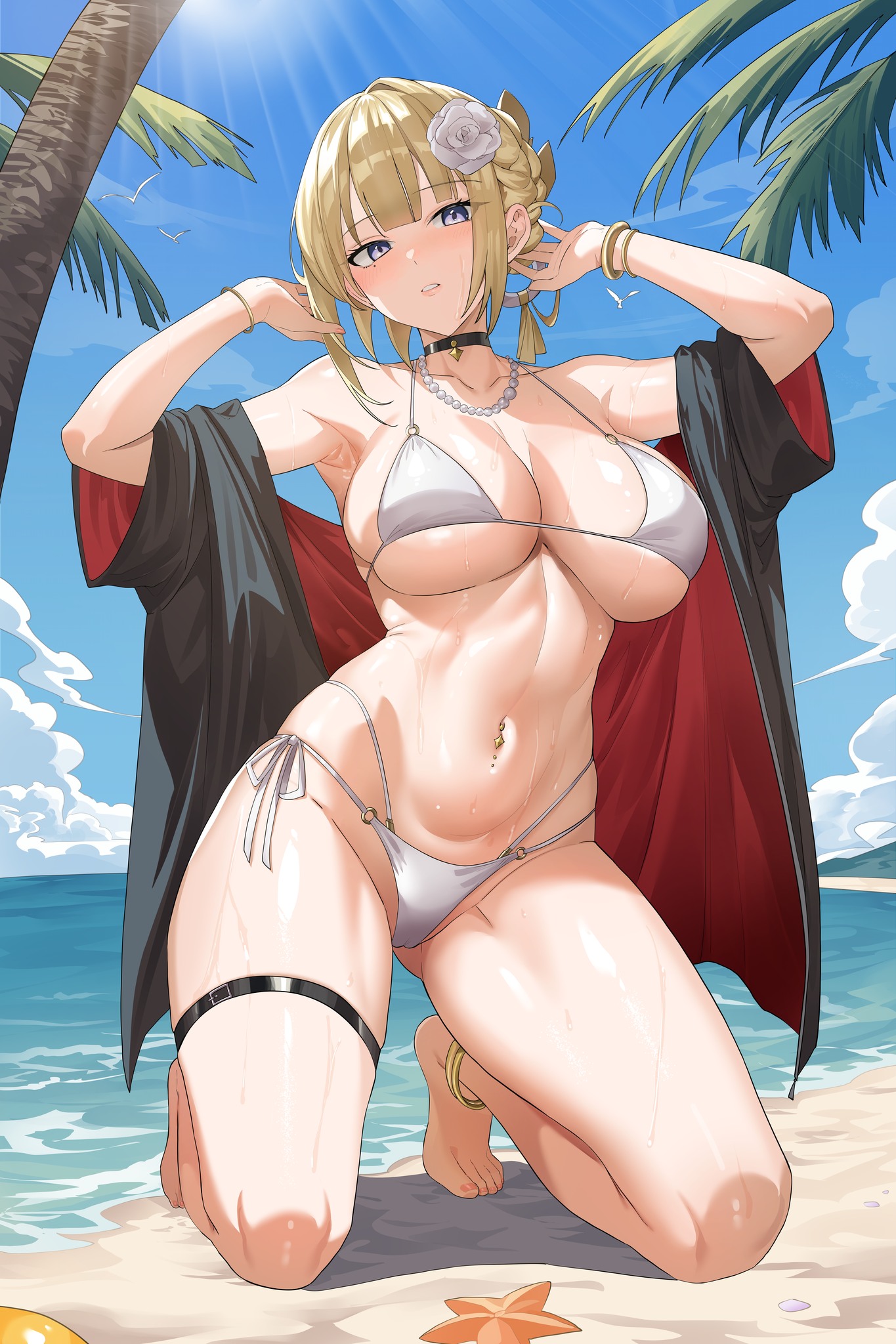 1girls, anklet, armpits, beach, big breasts, bikini, black jacket, blonde hair, blue sky, bracelet, braid, braided bun, breasts, dysoor, evelyn chevalier, female, hair bun, highres, jacket, jewelry, kneeling, large breasts, looking at viewer, navel, navel piercing, necklace, off shoulder, open clothes, open jacket, outdoors, palm tree, pearl necklace, piercing, purple eyes, second-party source, short hair, side-tie bikini bottom, sky, solo, string bikini, swimsuit, thigh strap, tree, zenless zone zero