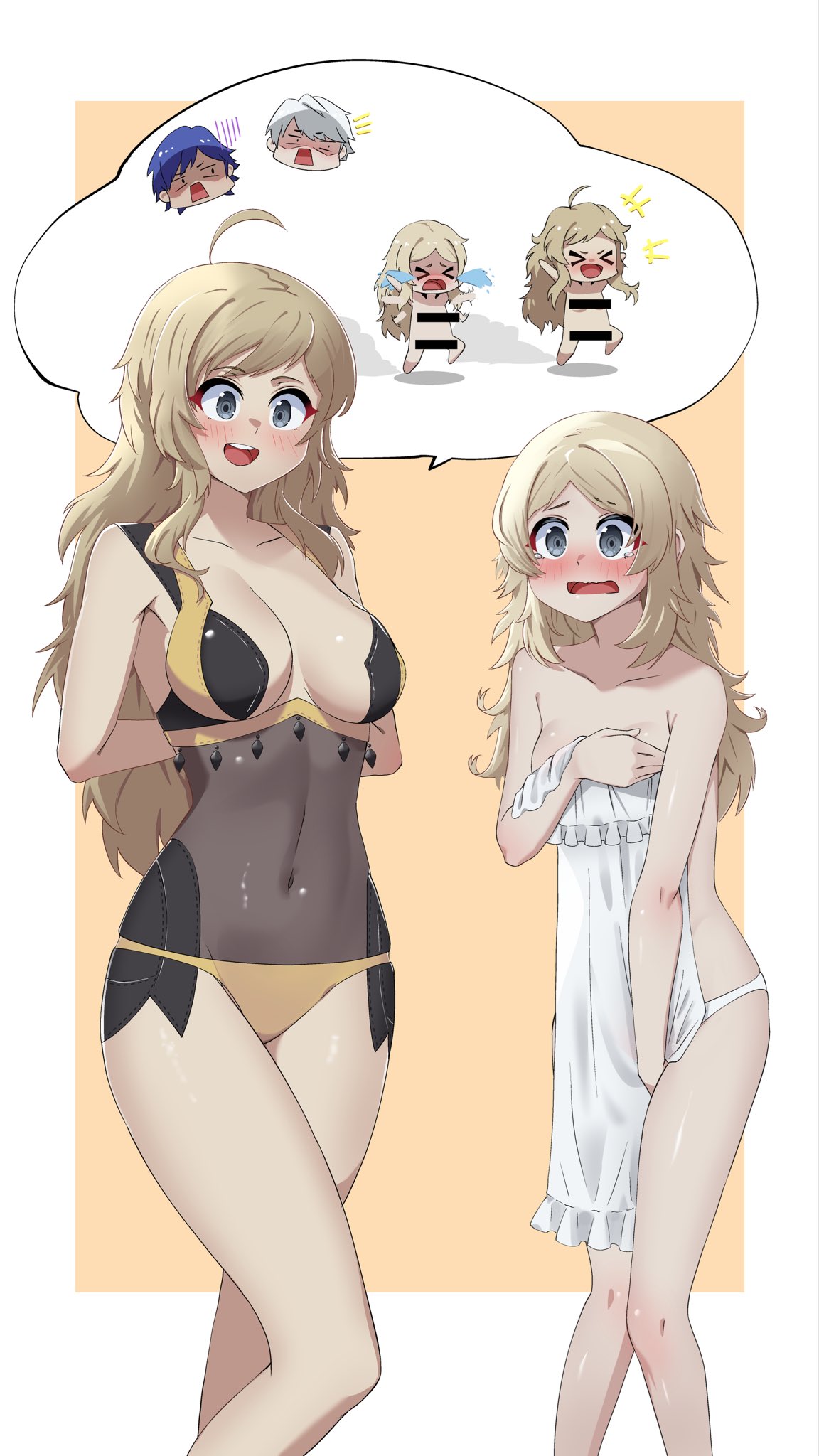 2girls blonde_hair blush bodystocking chrom_(fire_emblem) covered_navel covering covering_breasts dark_mage_(fire_emblem_fates) embarrassed female female_only fire_emblem fire_emblem_awakening fire_emblem_fates grandmother_and_granddaughter grey_eyes hair_down lissa_(fire_emblem) long_hair medium_breasts nintendo ophelia_(fire_emblem) oppaihobby panties robin_(fire_emblem) robin_(fire_emblem)_(male) running small_breasts speech_bubble streaking thighs underwear undressing white_panties wide_hips yellow_panties