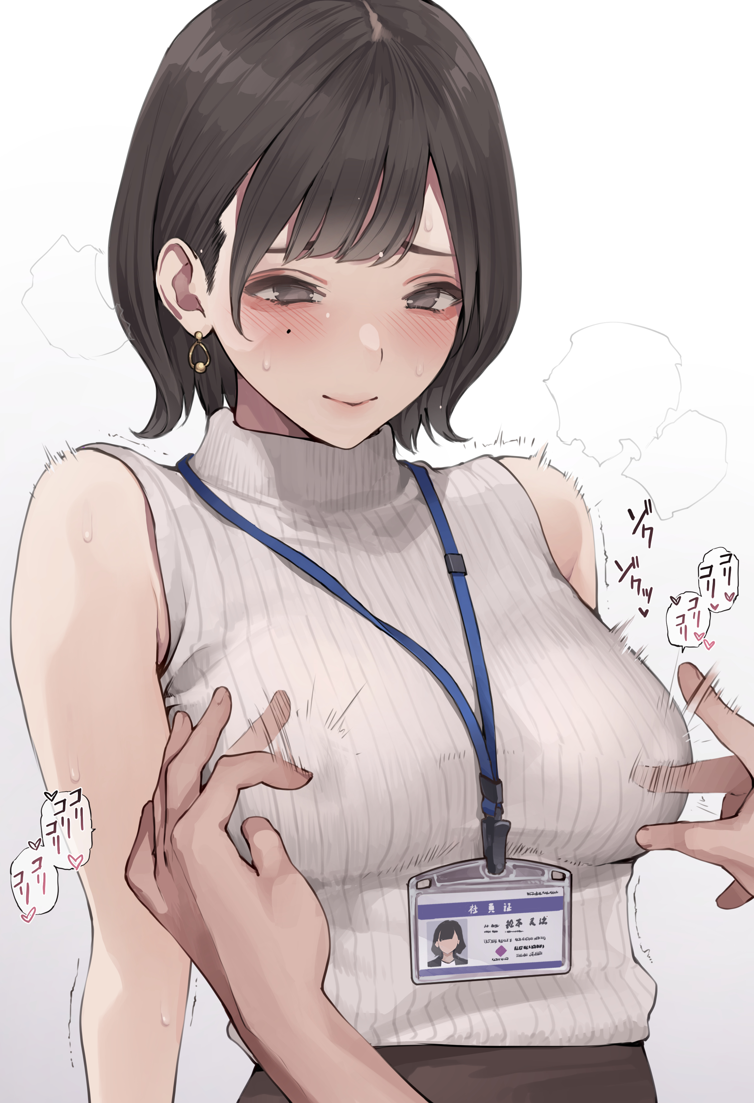 1girls, bangs, blush, brown clothing, brown eyes, brown hair, clothed, clothing, female, female focus, horny female, id card, koh (minagi kou), lanyard, looking down at another, looking pleasured, male, nipple bulge, nipple play, nipple stimulation, out of frame male, ribbed tank top, short hair, smile, tank top, touching nipples, turtleneck, turtleneck shirt, white clothing, white tank top