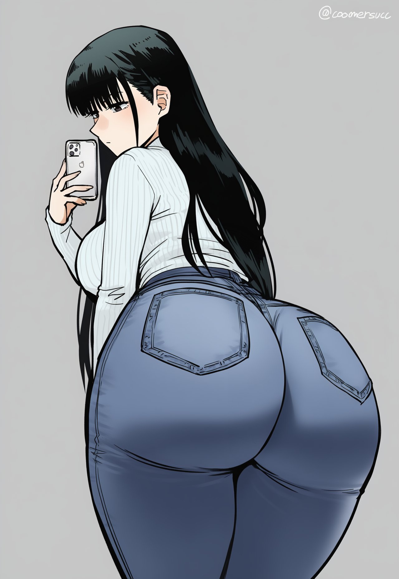 1girls, ai generated, asian, asian female, ass, ass bigger than head, ass focus, ass up, big ass, big breasts, black hair, breasts, cellphone, character request, color, coomersucc, curvy, female, gigantic ass, hips, huge ass, huge breasts, jeans, light skin, light-skinned female, long hair, photo, picture, taking picture, taking selfie, thick, thick hips, thick legs, thick thighs, thighs, tight clothing, voluptuous, voluptuous futa
