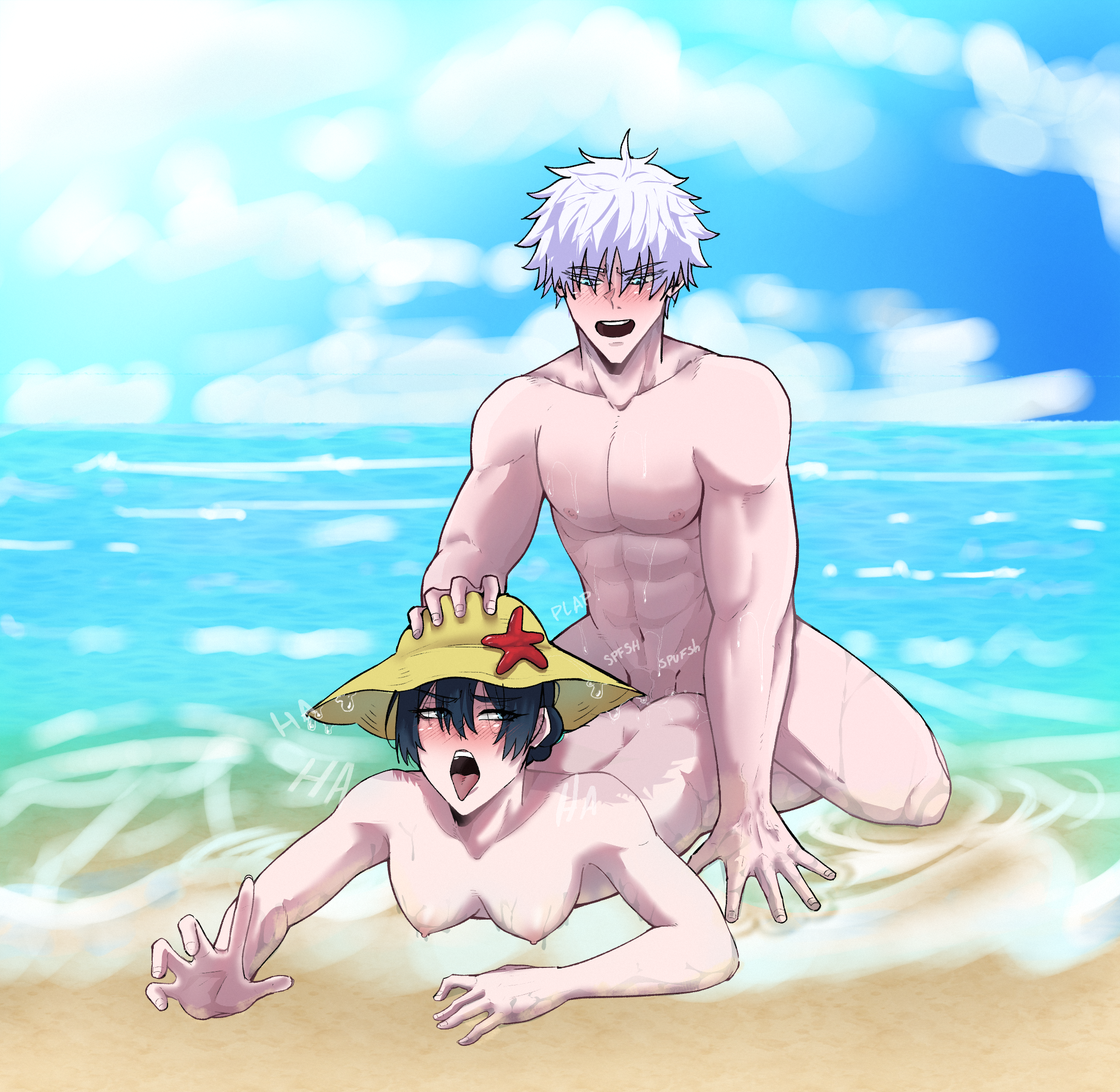 1boy, 1girls, ahe gao, amanai riko, beach, black hair, blue eyes, blue hair, blue sky, female, gojou satoru, jujutsu kaisen, light skin, male, male/female, on stomach, satoru gojo, seaside, sex, sex on the beach, straight, summer, water, white hair
