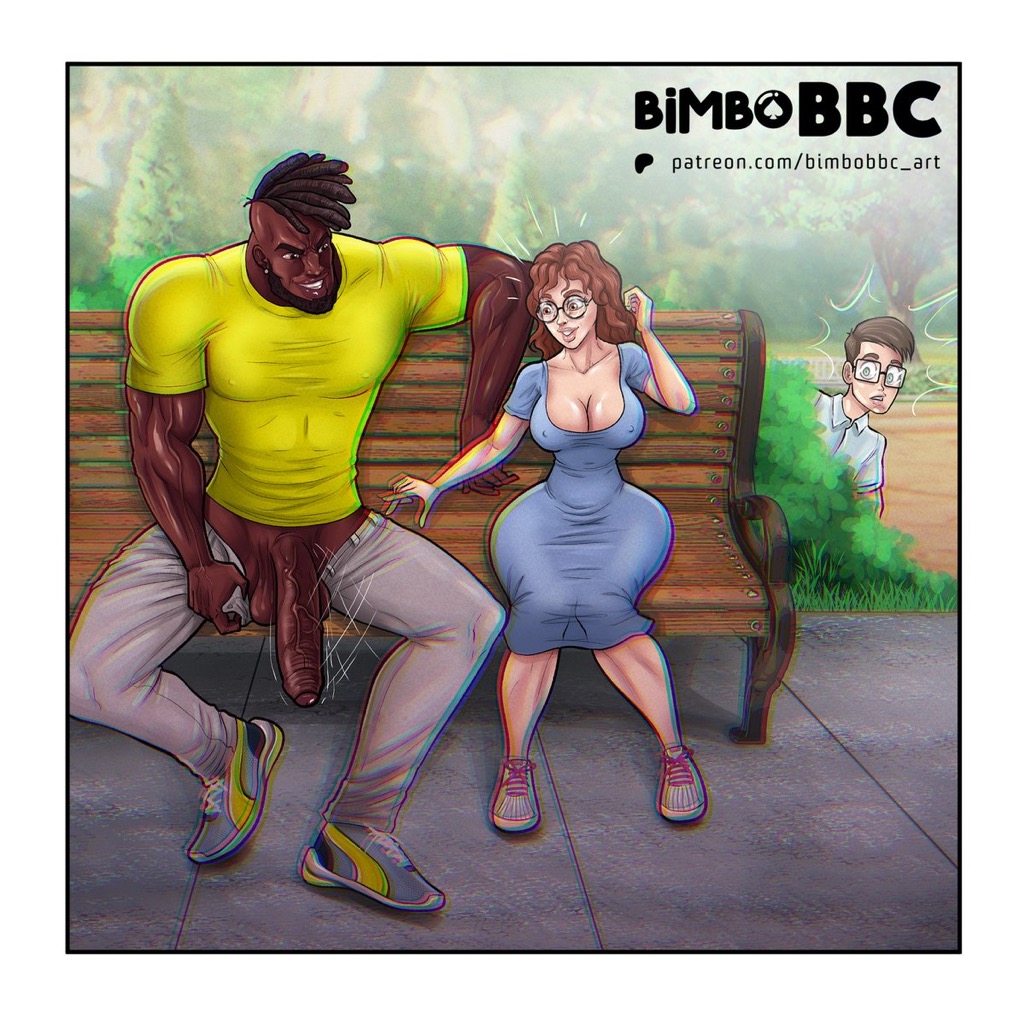 big penis, bimbobbc, caught, caught cheating, caught in the act, curly hair, dark skin, dark-skinned male, devin dickie, dress, glasses, imminent interracial, imminent sex, interracial, male, park bench, penis, qos comix, reaching for penis, reaching out, surprised, surprised expression, tight clothes, tight clothing, tight dress, veiny penis, western art, wide hips