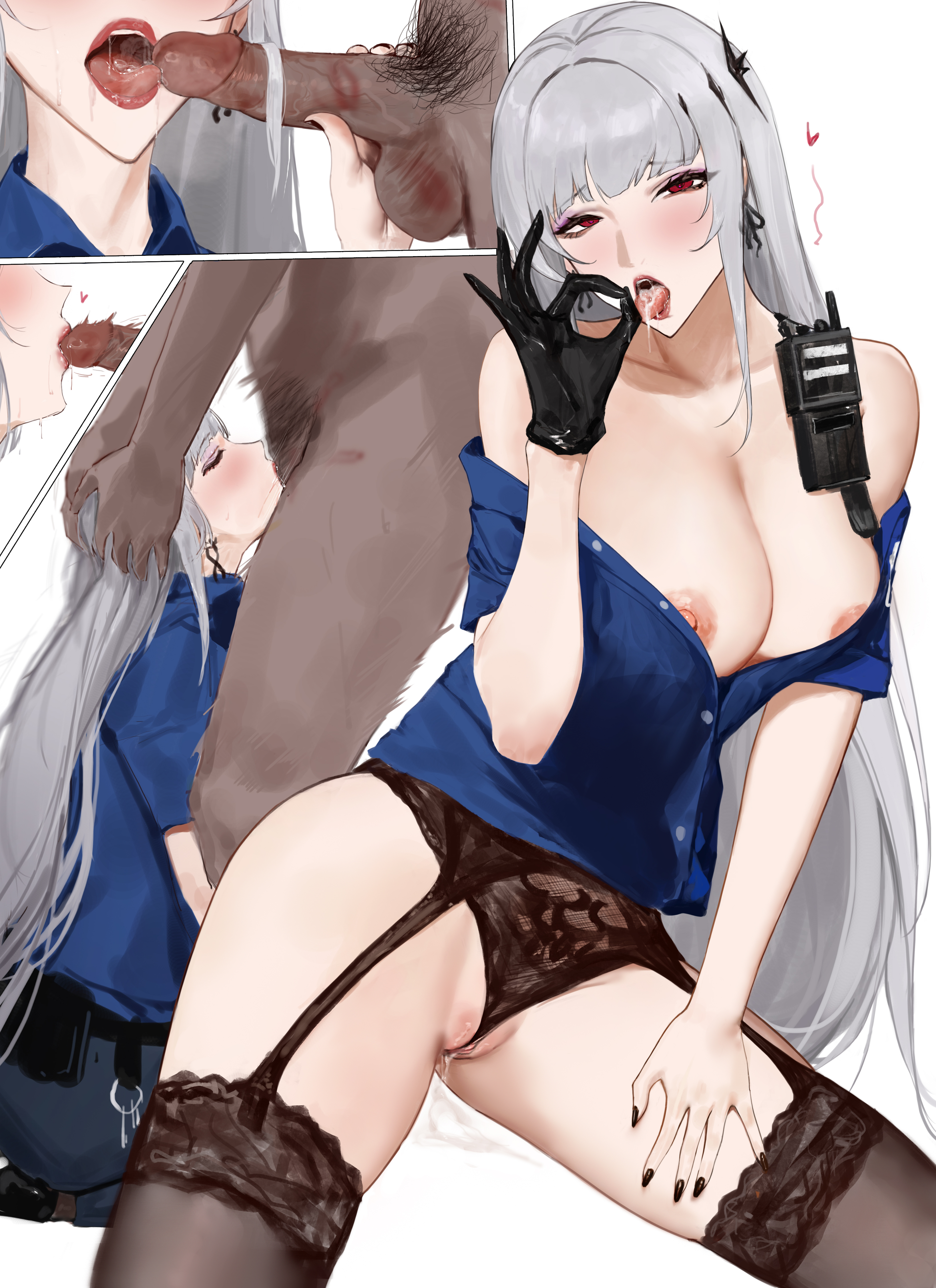 1boy, 1girls, blowjob, breasts, coquelic (path to nowhere), dark-skinned male, deepthroat, exposed breasts, face fucking, female, hi res, kiss mark, male, path to nowhere, police uniform, sawaki ken, sawakiken, white hair